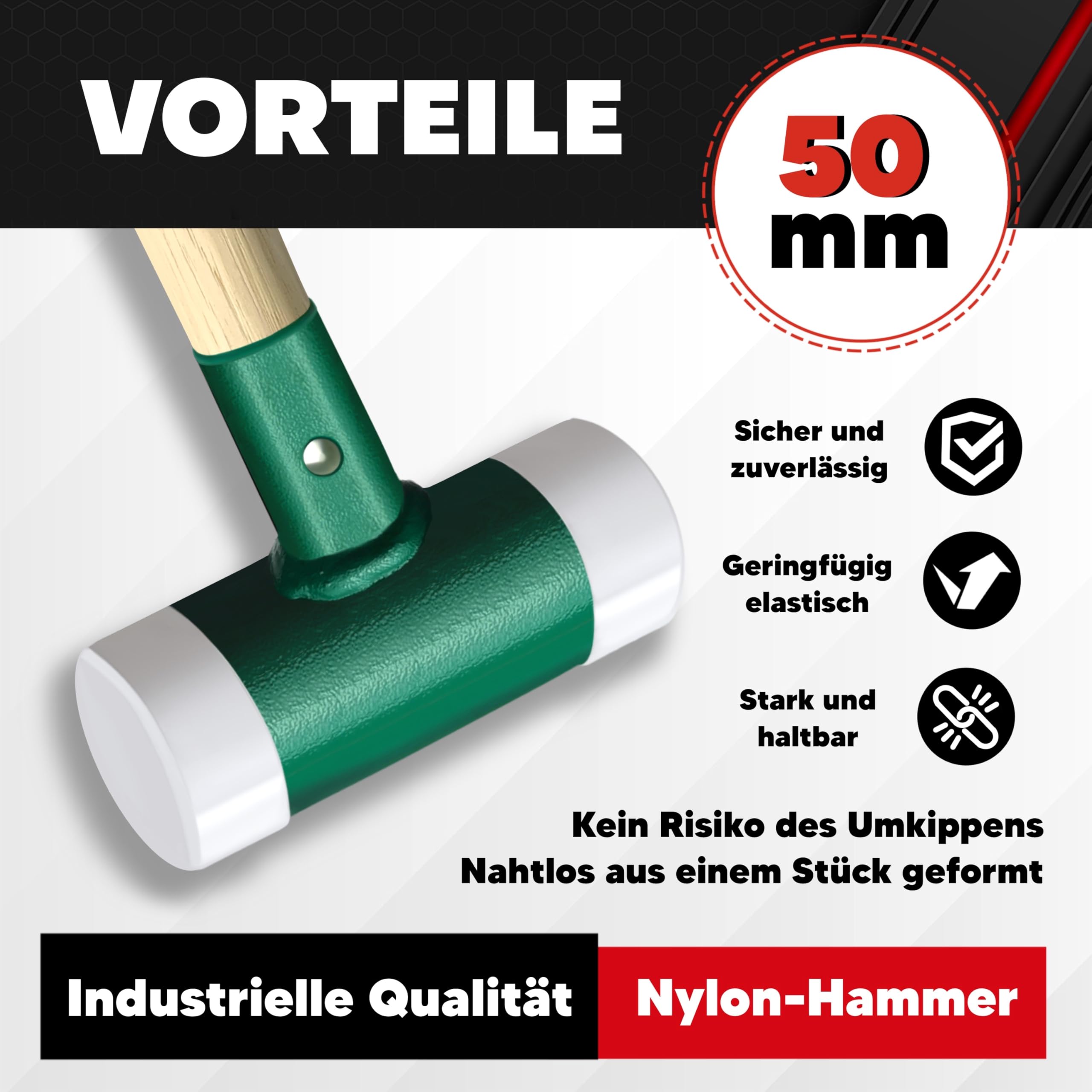 C&T Martello di protezione, martello di protezione senza contraccolpo, paletta morbida, diametro 50 mm, manico in legno con testa in nylon intercambiabile per manutenzione e montaggio, martello da