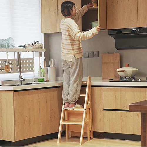 Miniatura 7 de Silla plegable de madera para biblioteca, 2 en 1, taburete ligero portátil multifuncional, taburete de 4 escalones de doble propósito, soporte de