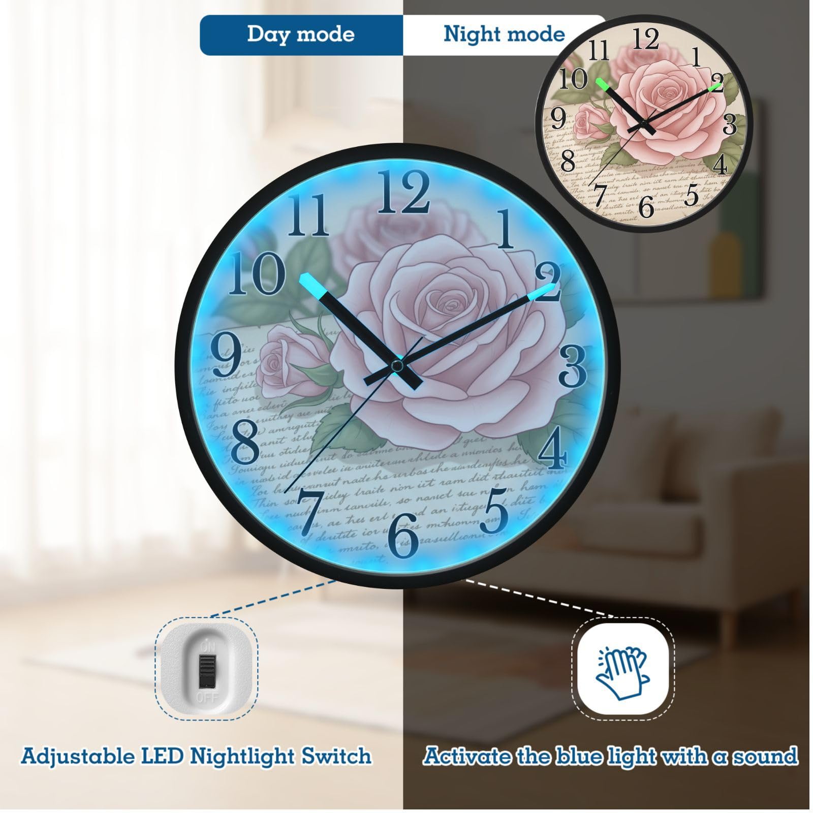 Mnsruu Reloj de pared luminoso vintage con diseño de rosas rosas que brillan en la oscuridad, funciona con pilas, silencioso, sin tictac, luz nocturna para dormitorio