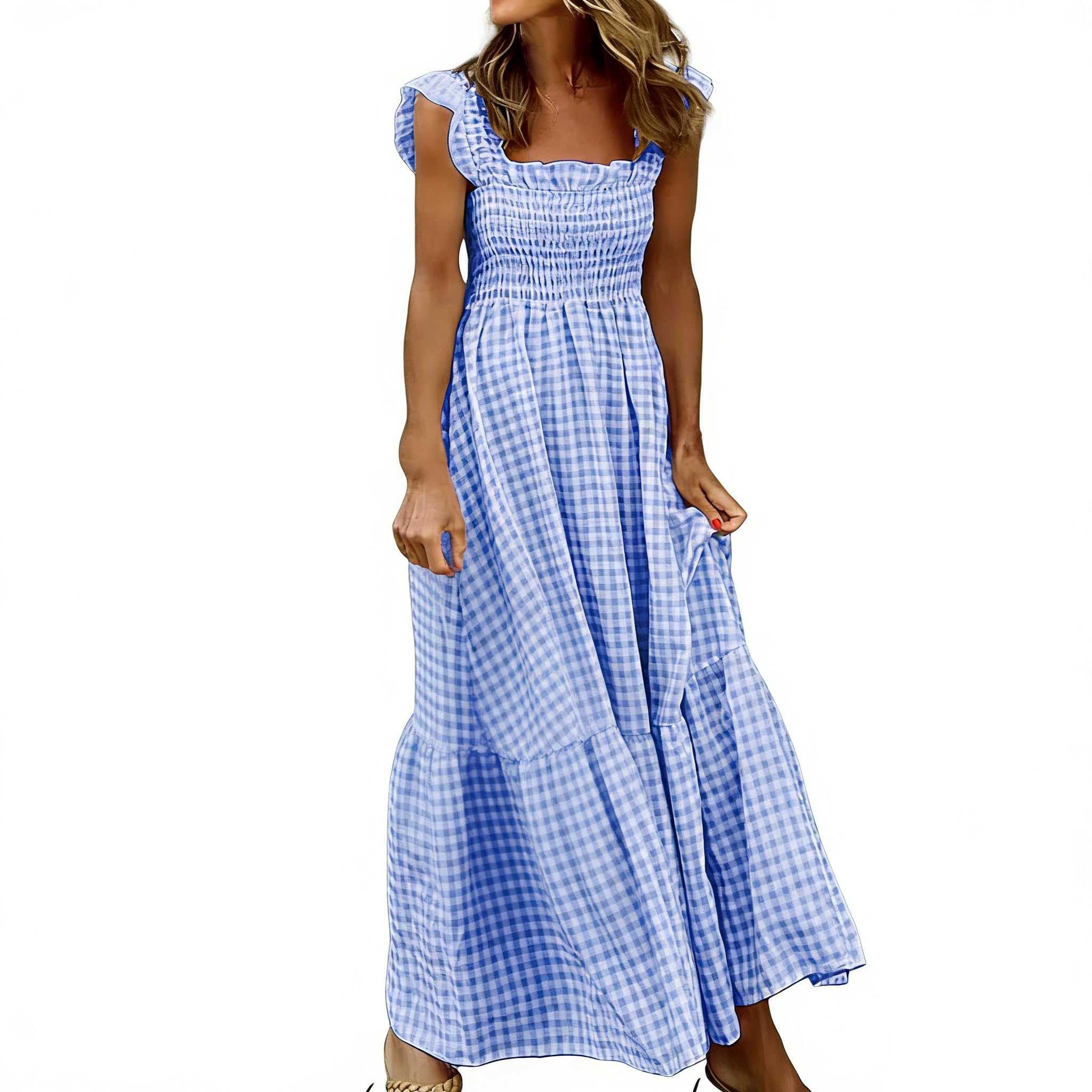 ThiCc Women’s Gingham Maxi Dress – Ruffle Trim Spaghetti Strap Smocked Tube High Waist Flowy A-Line Sundress Sleeveless Plaid Long Dresses for Summer Beach Vacation Casual Wear (Blue,L)