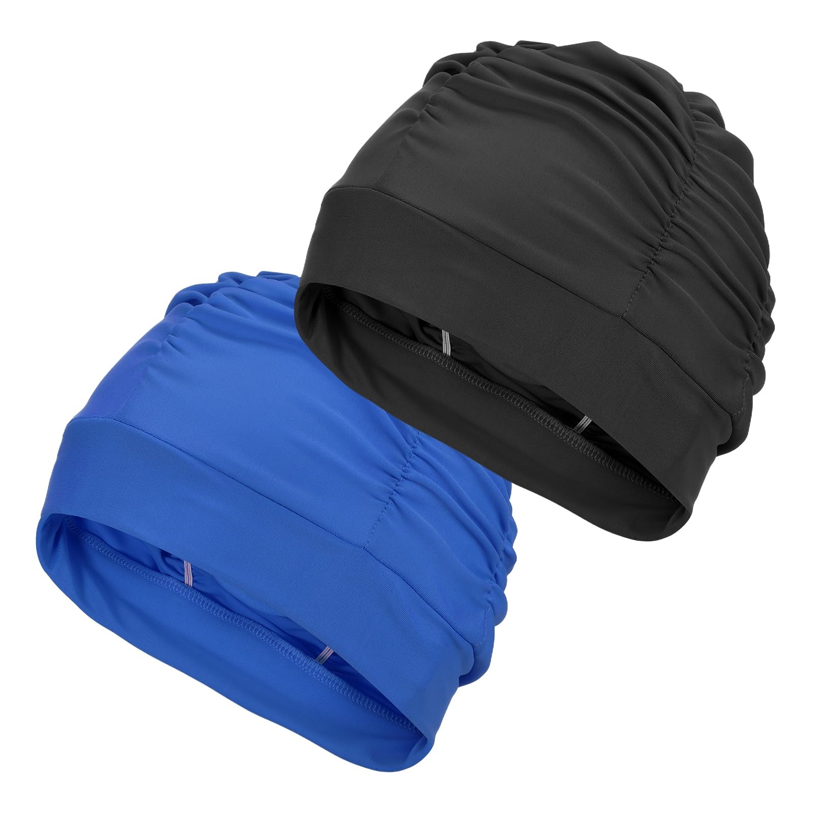 YELARXI Fabric Swim Cap Polyester Swimming Hat Elastic Swimming Cap, Fit for Women and Men Adult Long Hair (2Pcs, Black/Blue)
