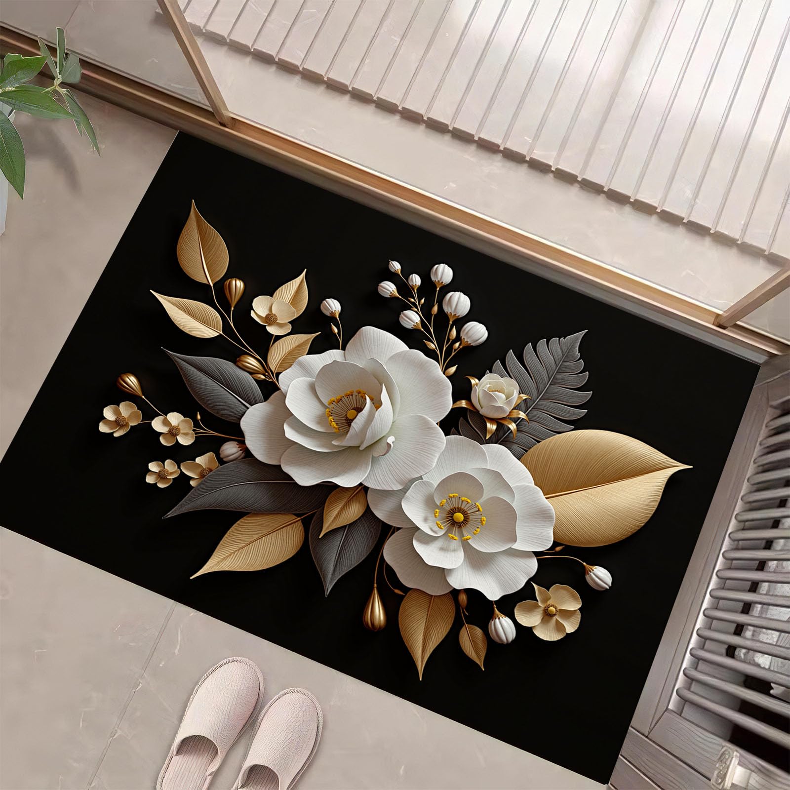 Paillasson de porte lavable et antid&eacute;rapant motif floral