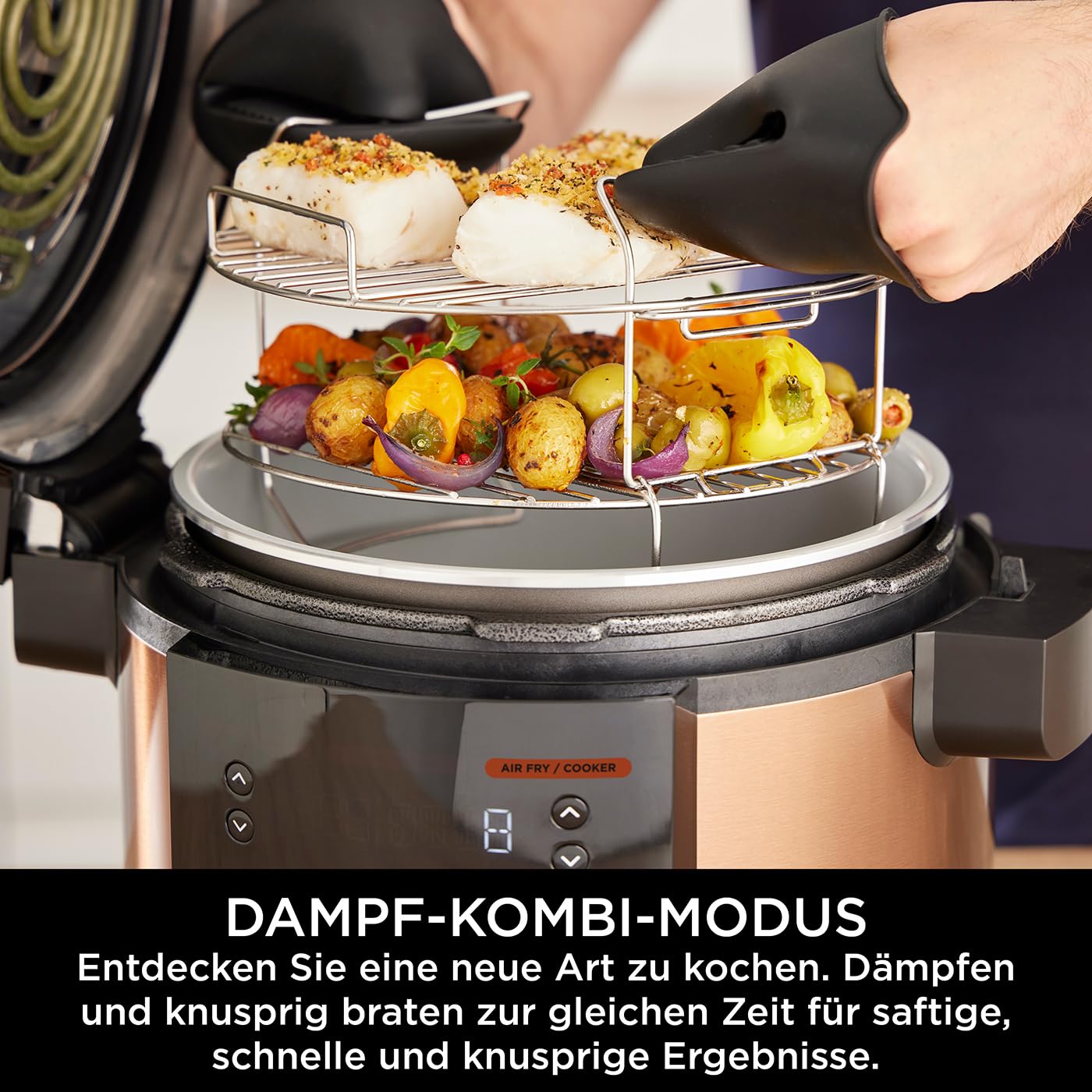 Ninja Foodi MAX Multikocher mit SmartLid, 7,5L, 12-in-1 Multicooker, Pressure Cooker Schnellkochen, Air fryer Heißluftfrittieren, Slow Cooker Langsamkochen, Kupfer/Schwarz, Amazon Exklusiv, OL650EUCP