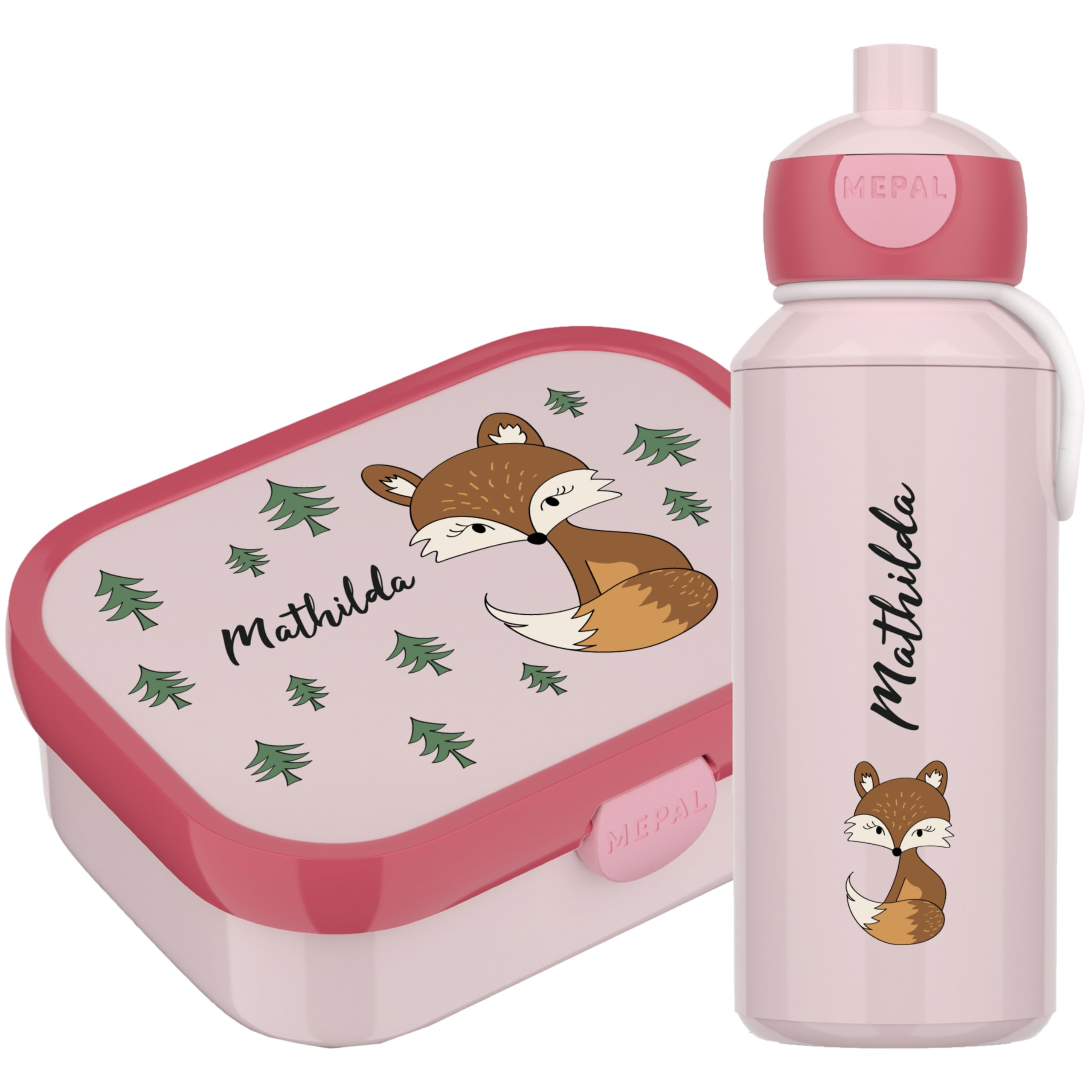 4youDesign Mepal Bento Box und Trinkflasche Set personalisiert Fuchs – Geschenk für Kinder Weihnachten, Nikolaus, Geburtstag – BPA frei - Auslaufsicher – Brotdose 750ml, 400ml Flasche (Cool Pink)