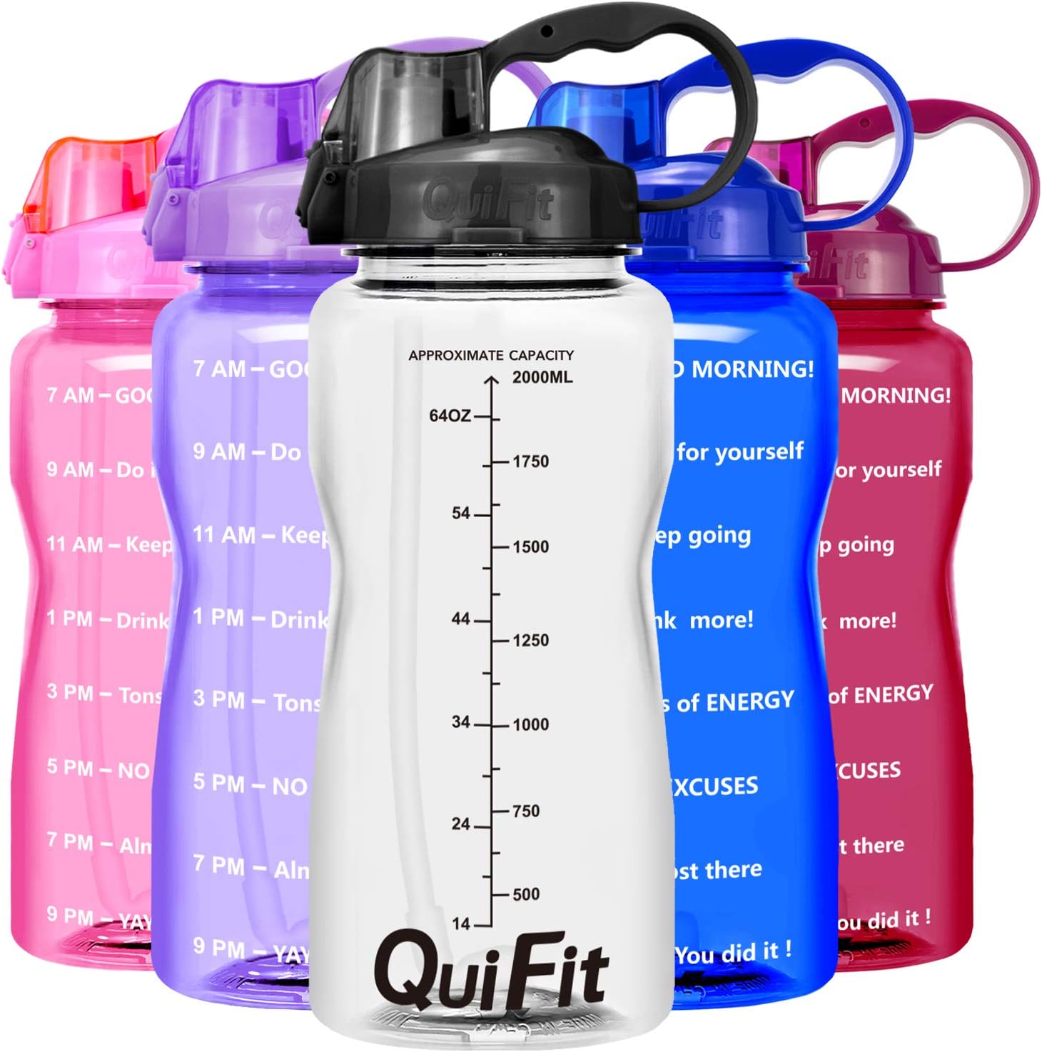 QuiFit 2L Water Bottle with Straw - Portable Daily Water Jug w/Motivational Time Marker Ideal For Gym Sport Outdoor Workout BPA Free
