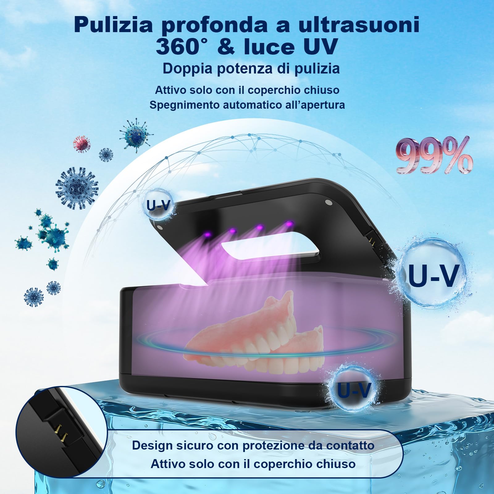 Dispositivo di pulizia a ultrasuoni 49000Hz, pulitore per occhiali 800ml Ultrasonic Cleaner, U-V Ultraschallreiniger con 5 funzioni temporali, Ultraschallgerät per gioielli, orologi, anelli, protesi
