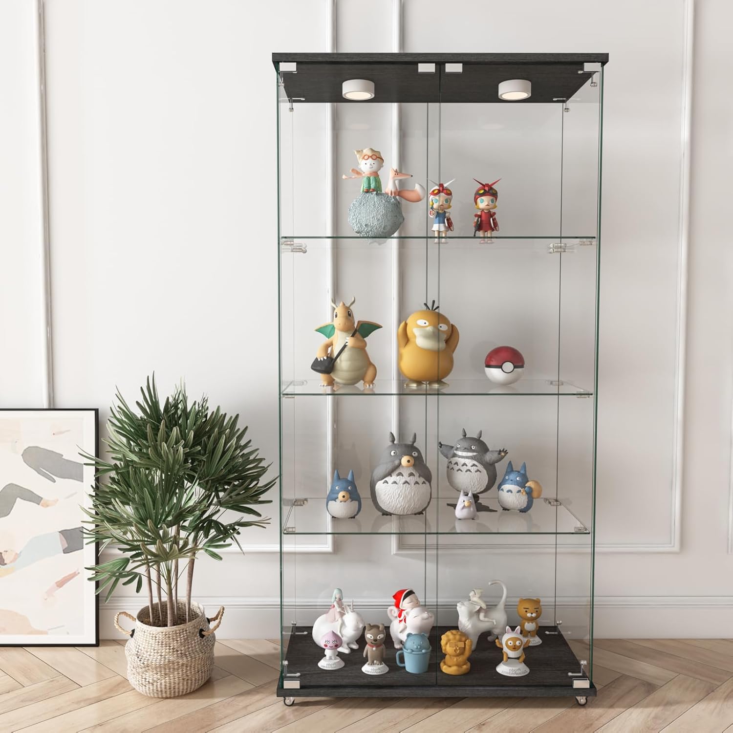 Modern Glass Display Cabinet 12-Color LED, Removable Tempered Shelves (45lb/Shelf), 2-Door Bookcase for Living Room Bedroom Black Antique Finish 64.25" H Tool-Free Assembly (Black)