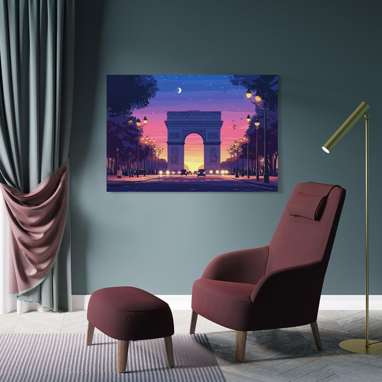 Junmoney Arc De Triomphe at Dusk Decorative Canvas Print, 24x36inch(60x90cm), for Living Room, Bedroom Or Home Office, Canvas Artwork with Gifting Potential