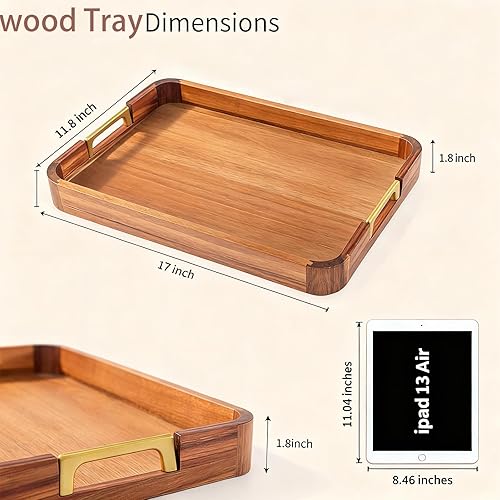 Miniatura 4 de Bandeja de madera de acacia con asas de metal, bandeja de bebidas de alimentos de 17 x 12 pulgadas para mesa de café, desayuno, cena y bar, bandeja