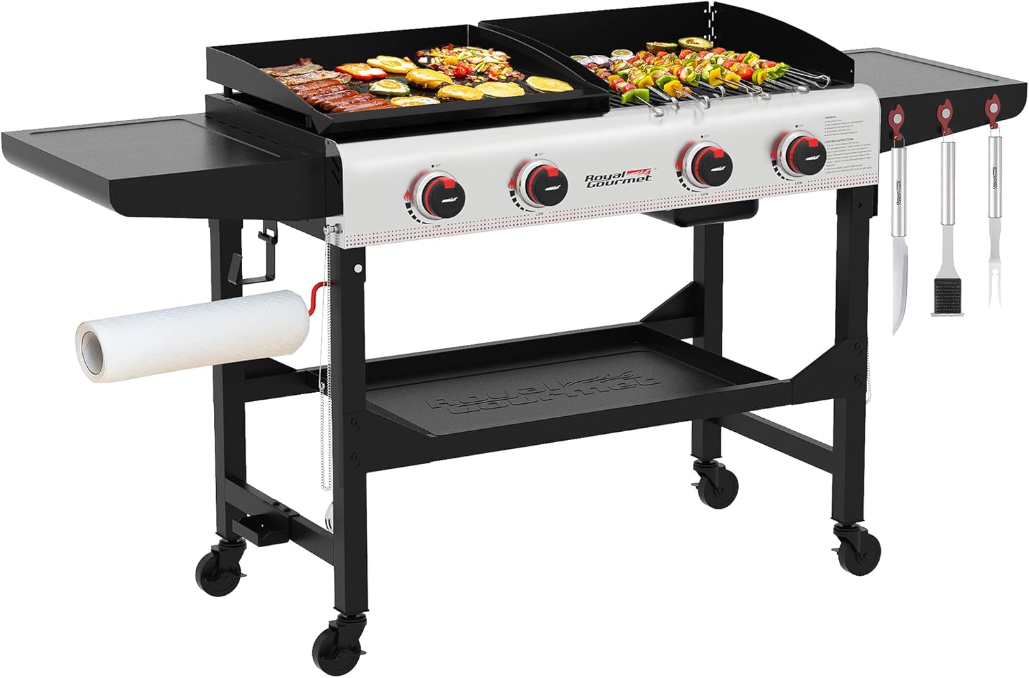 GD403 4-Burner Propane Gas Grill and Griddle Combo with Folding Legs, 48,000 BTUs, Portable Griddle Grill Combo for Outdoor Cooking While Camping or Tailgating, Black & Silver