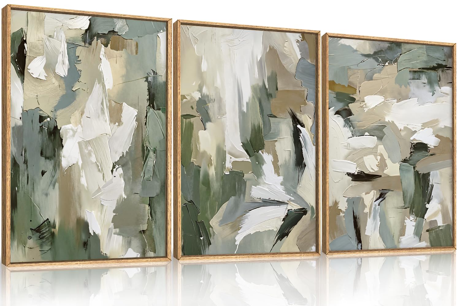 Large Abstract Green Beige Framed Canvas Wall Art Set,Neutral Brush Stroke Watercolor Wall Painting,Modern Minimalist Artwork for Living Room,Bedroom,Dining Room,Office -16"x24"x3