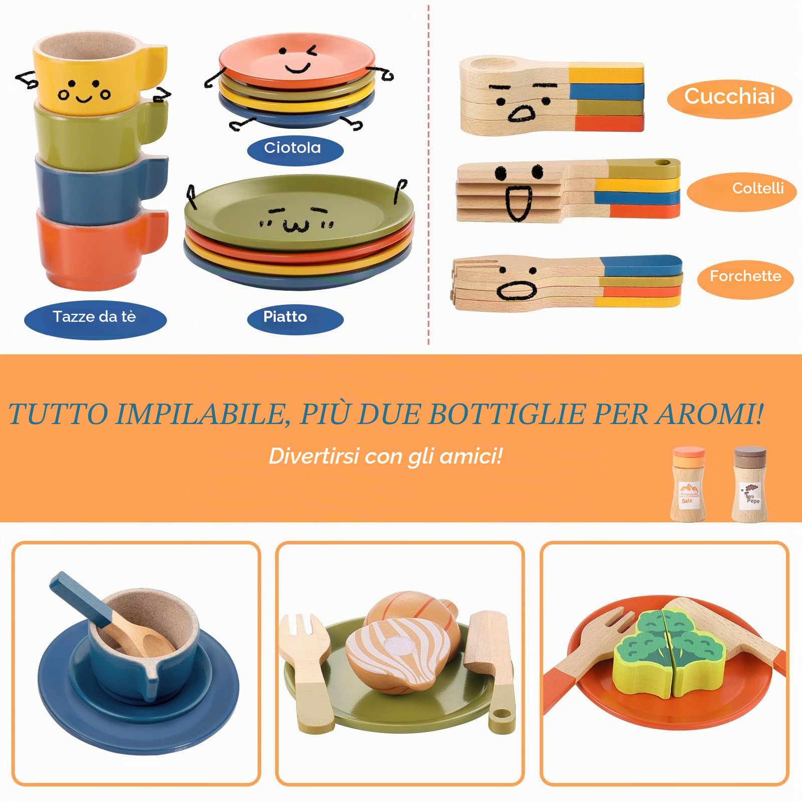 GAGAKU Set di cibo da gioco in legno per la cucina dei bambini, giocattoli Montessori in legno con piatti e piatti per bambini ragazzi e ragazze regali