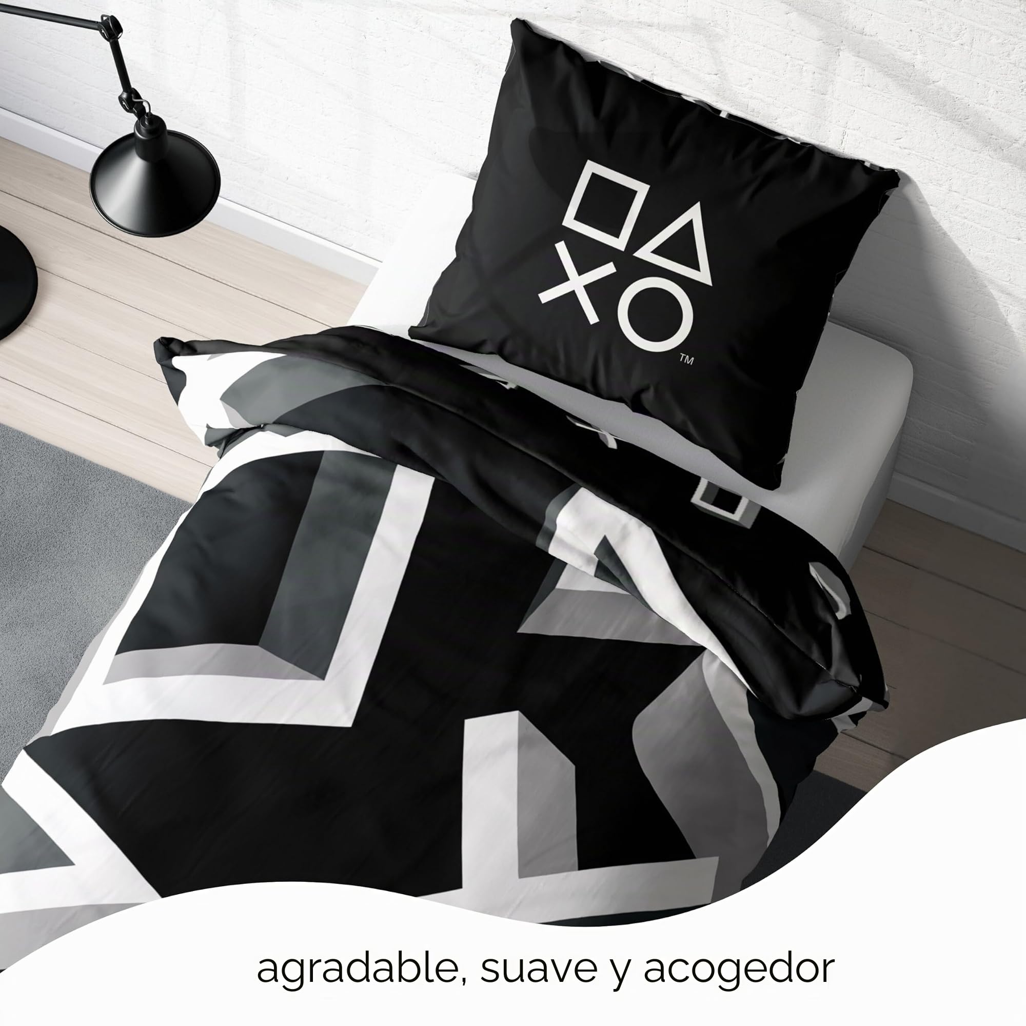 Juego de ropa de cama Playstation 135x200 - Idea de regalo para adolescentes amantes de los videojuegos, 1x funda de almohada 80x80 + funda de edredón 135x200, con cremallera - Motivo reversible