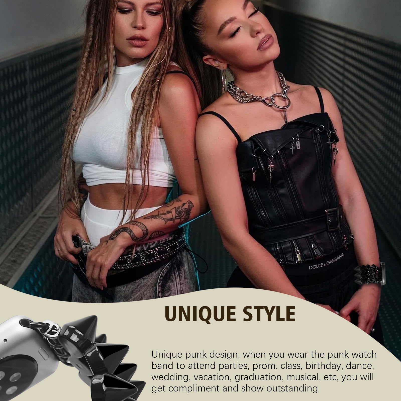 VIQIV Compatible con Apple Watch Ultra 2 Band 41/40/38/44/45/49/42 mm, para mujeres y hombres, con funda protectora, elegante, gótico, punk, correa elástica de metal, remaches, pulsera elástica de