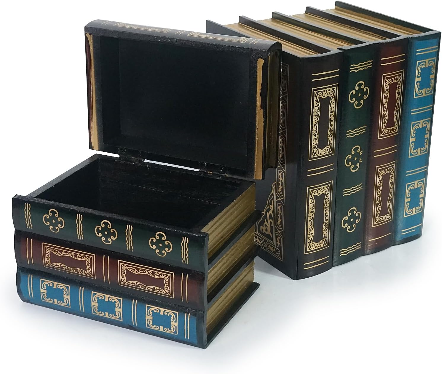 DreamsEden Wooden Book Box Set of 2 - Vintage Decorative Storage Boxes with Hinge Lid - Antique Stacking Books Style Box for Jewelry, Keepsakes, Home Office Decor