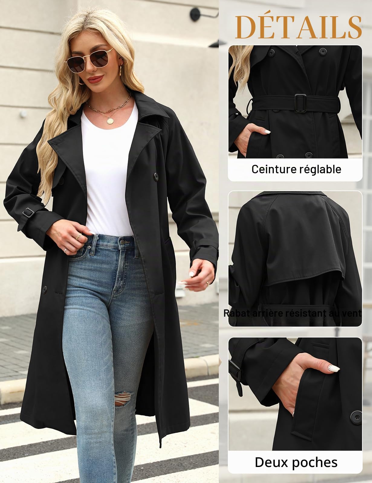 Tuopuda Trench Femme Printemps Automne, Trench Coats Double Boutonnage, Blazer Manteau Jacket Long Col Rabattu Classique Coupe Vent Veste OL Bureau Affaires Outerwear Léger Casual, Noir, S