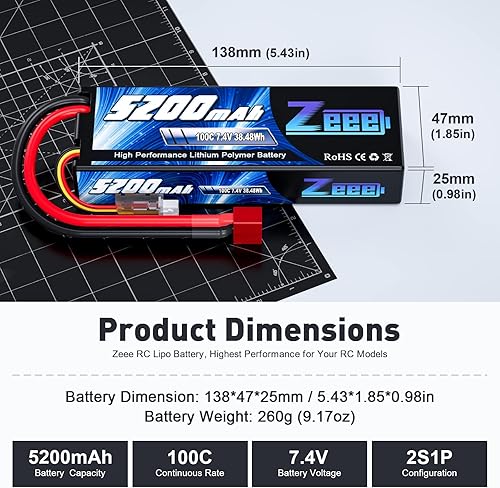 Miniatura 2 de Zeee 2S Lipo Batería 5200mAh 7.4V 100C T Conector rígido Batería RC Compatible para RC Car Truck Vehículos Buggy Losi 110 Escala Modelo de Carreras