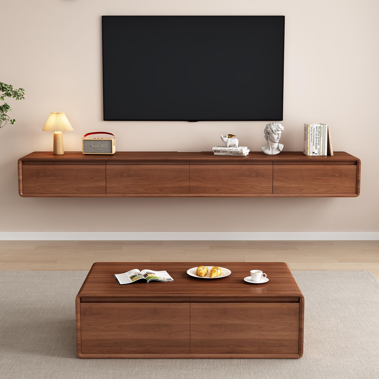 Supporto TV flottante - Grande mensola a muro - Diversi scomparti di archiviazione - Console multimediale - Banco flottante sotto la televisione - In legno massiccio (marrone, 160 x 20 x 24 cm)