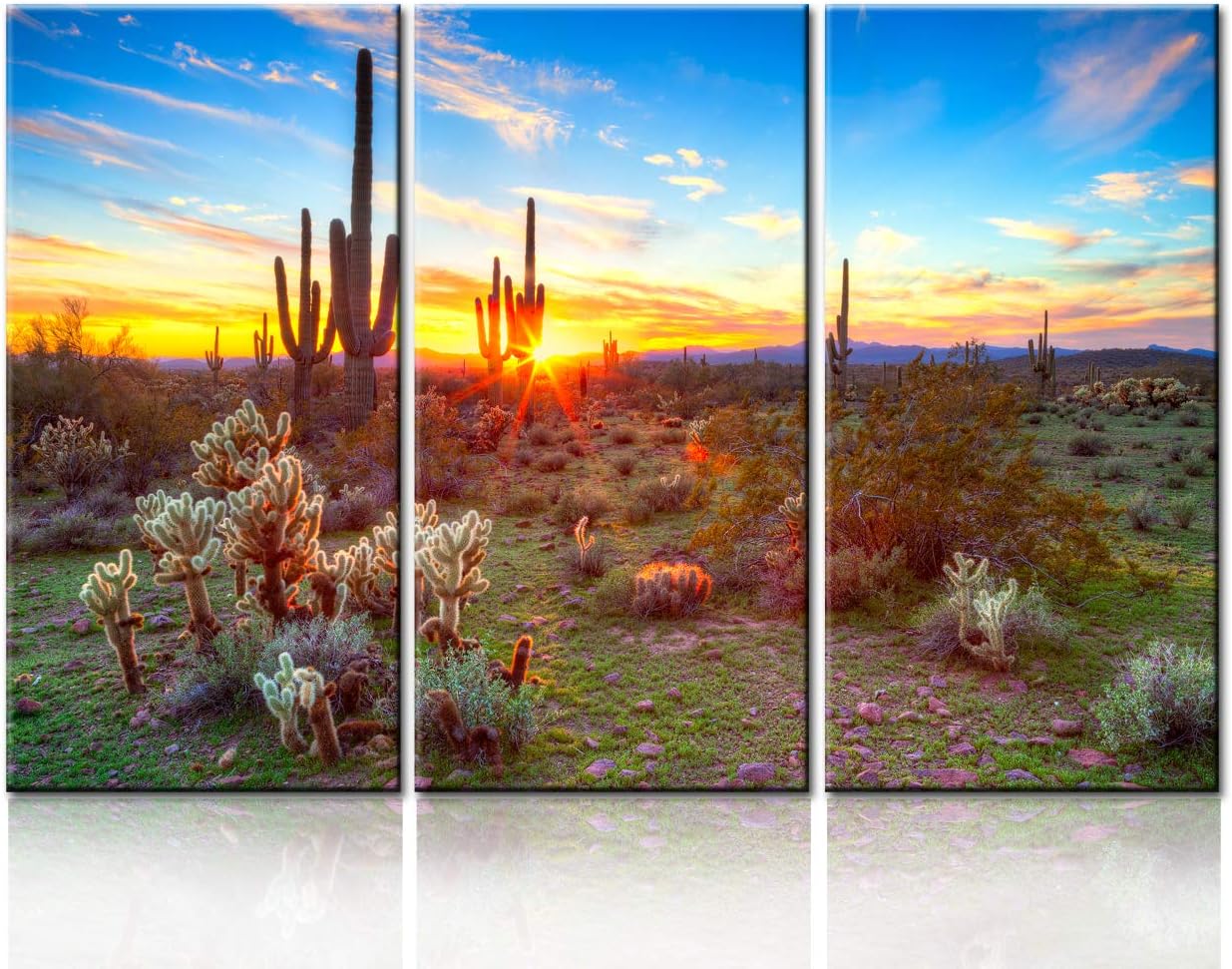 TUMOVO Native American Wall Decor Sonoran Desert Near Phoenix,Arizona Paintings Landscape Wall Art 3 Panel Canvas Modern Artwork Home Decorations for Living Room Giclee Framed Ready to Hang(40''x60''
