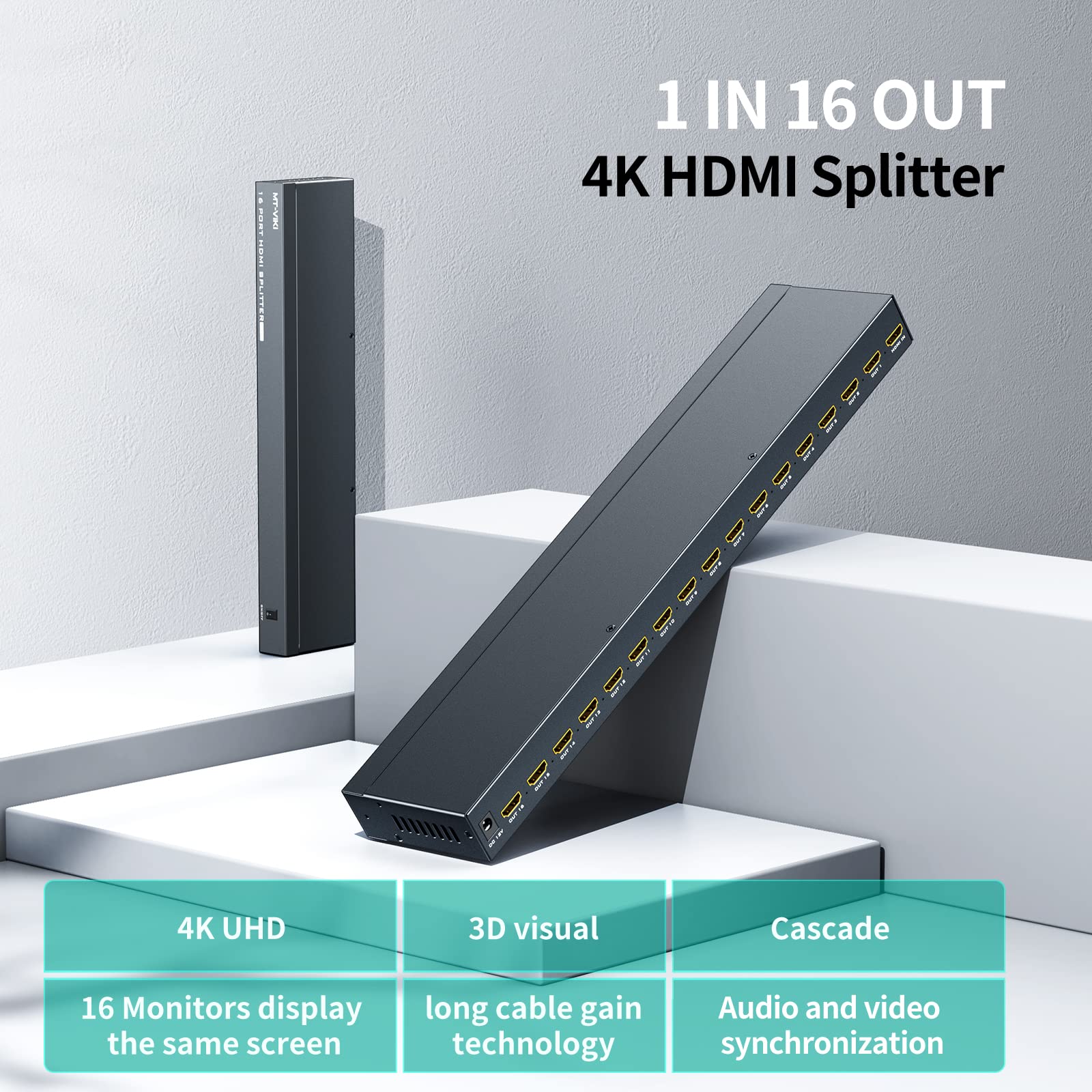 MT-VIKI Répartiteur HDMI 1 x 16 Sorties simultanées HDMI 16 moniteurs - Prend en Charge Les moniteurs HD 4K HDCP1.4 avec Alimentation CC
