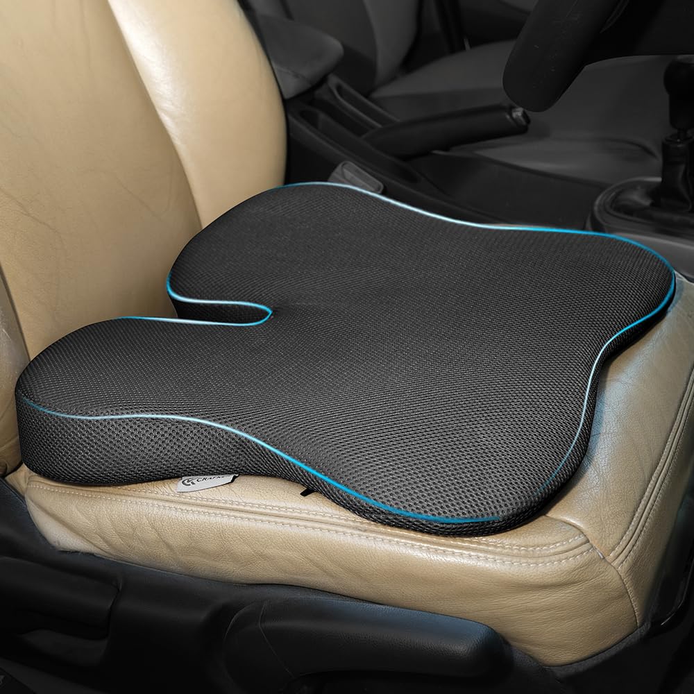 CRAFKEN Memory Foam Seat Cushion for Car - Tailbone & Sciatica Pain Relief Non-Slip Ergonomic Pads with Ventilated Design,Enhanced Driving Support & Coccyx Lumbar Support for Office & Travel Comfort