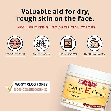 De La Cruz Vitamin E Cream Moisturizer for Face and Neck - Moisturizing Anti-Aging Skin Care for All Skin Types - Made in USA, 4 OZ. (2 Pack)