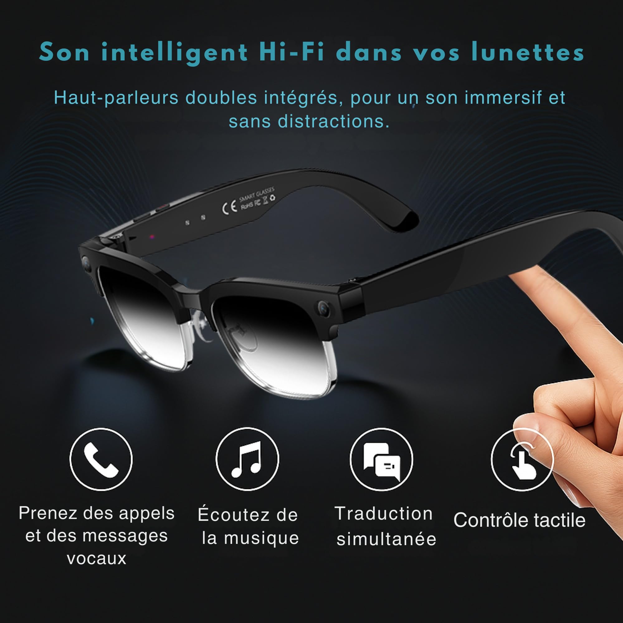 smartia Lunettes intelligentes avec Appareil Photo, modèle 2026, Application en françois, Lunettes Bluetooth Son Hi-FI, IA GPT 5 intégrées par Voix, Lunettes intelligentes photochromiques