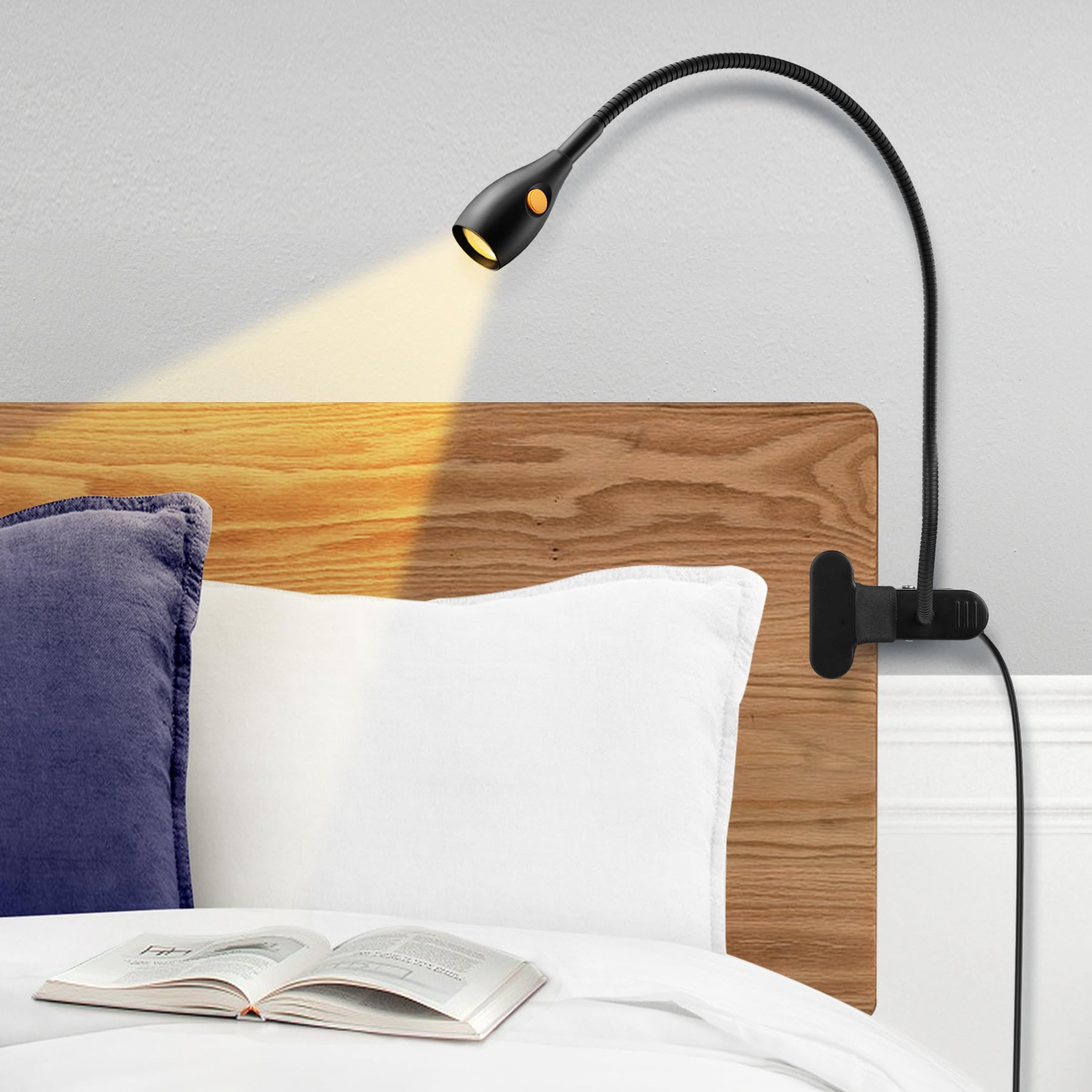 acegoo Lampada da Lettura con Pinza, Minimalista Tutto in Metallo 2 Colore 3000K/Ambra Dimmerabile CRI 95 360° Flessibile con Interruttore per Libro, Lavoro, Letto, Tavolo