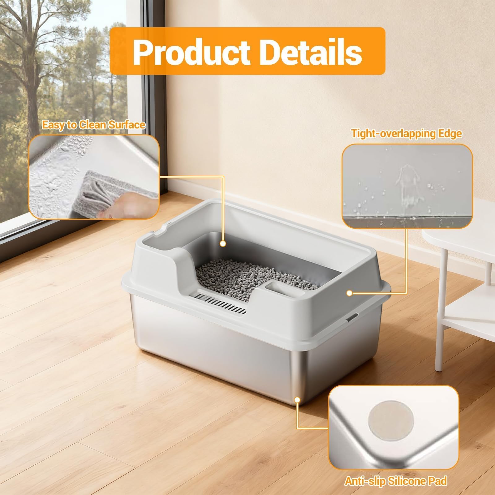 Stainless Steel Cat Litter Box Extra Large - High Sided, Non-Stick, Odor Resistant Metal Litter Pan for Multiple Cats, Big Cats & Rabbits; Anti-Urine Leakage, Easy to Clean, Non-Slip Base - image 5
