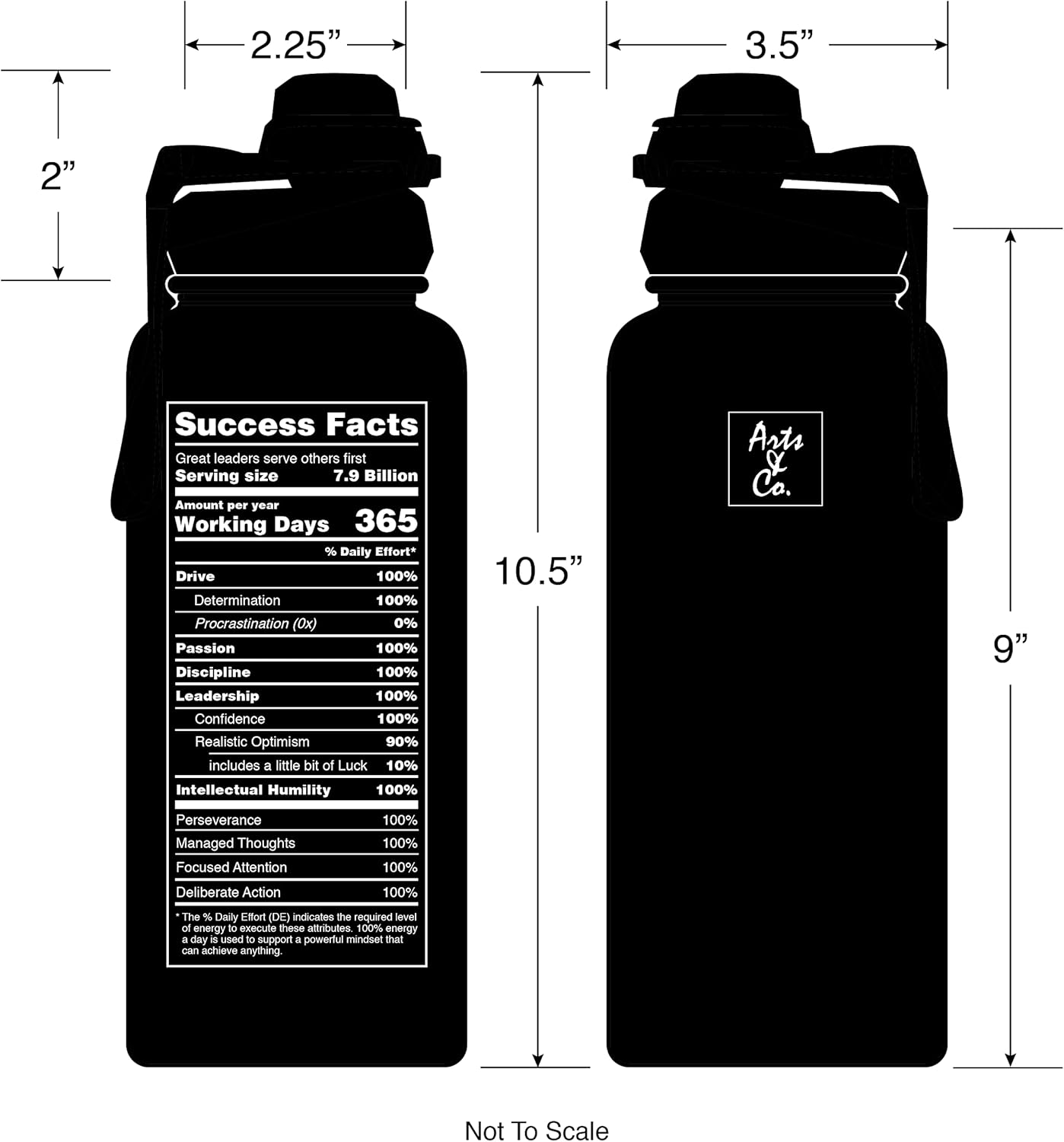 ARTS & CO. Success Facts Vacuum Insulated Stainless Steel Wide Mouth Leakproof Inspiration Sports Water Bottle 32 oz. (Deep Black)