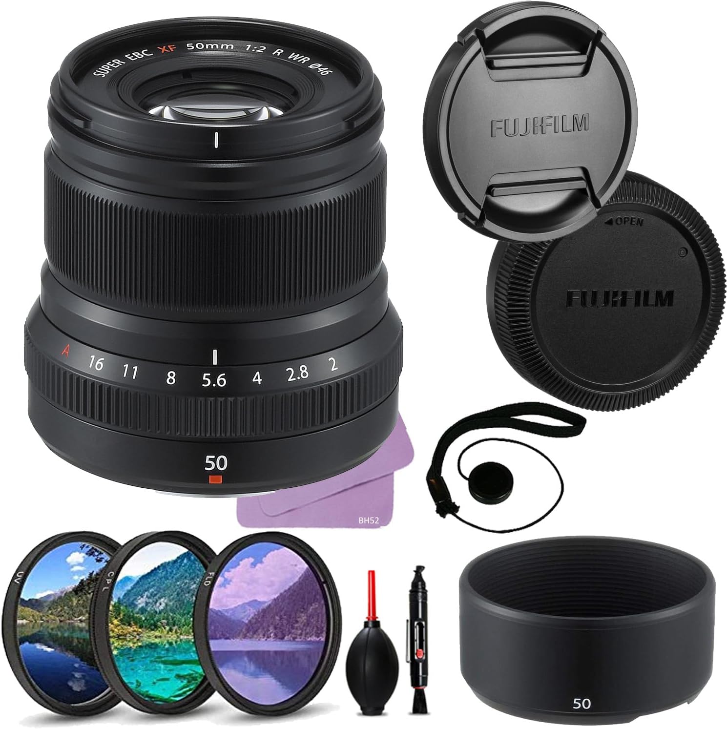 FUJIFILM XF 50mm f/2 R WR Lens Bundle + Accessory Package Including UV, CPL, FLD Filters + Lens Cap Keeper + Pen/Blower + Microfiber Cloth (14 Items)