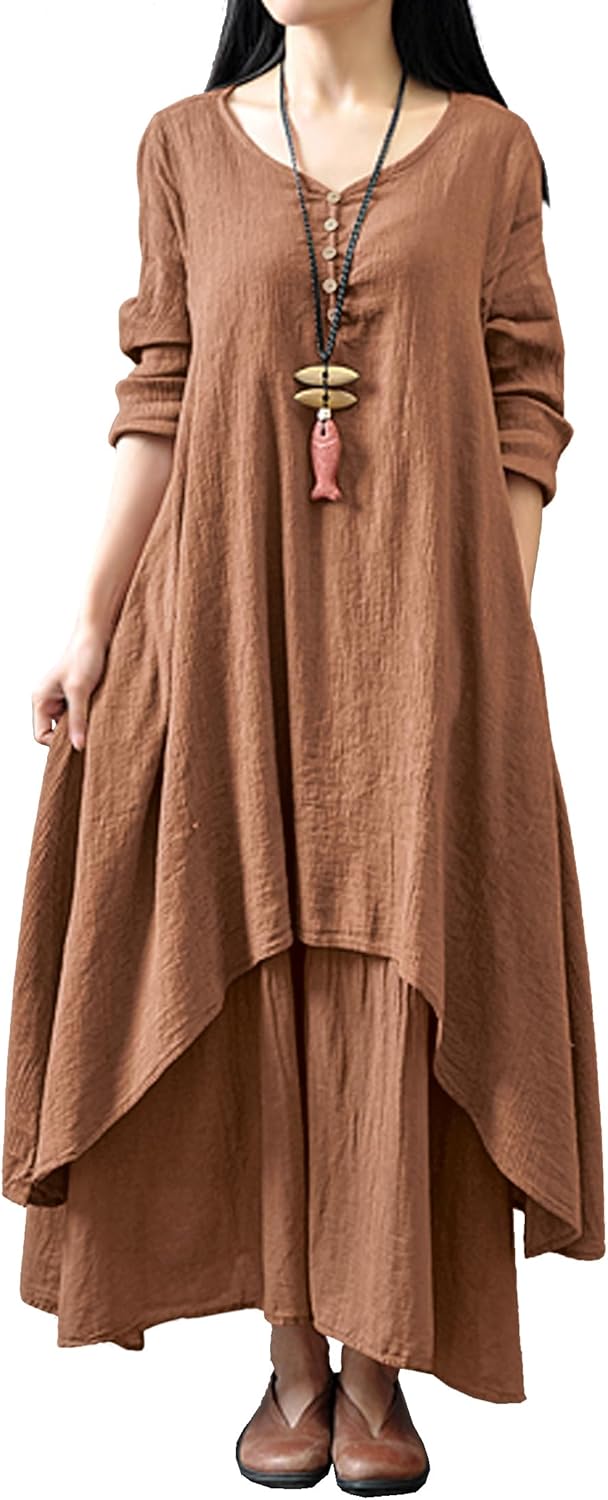 R.Vivimos Women Long Sleeve Cotton Casual Loose Plus Size Irregular Long Dresses