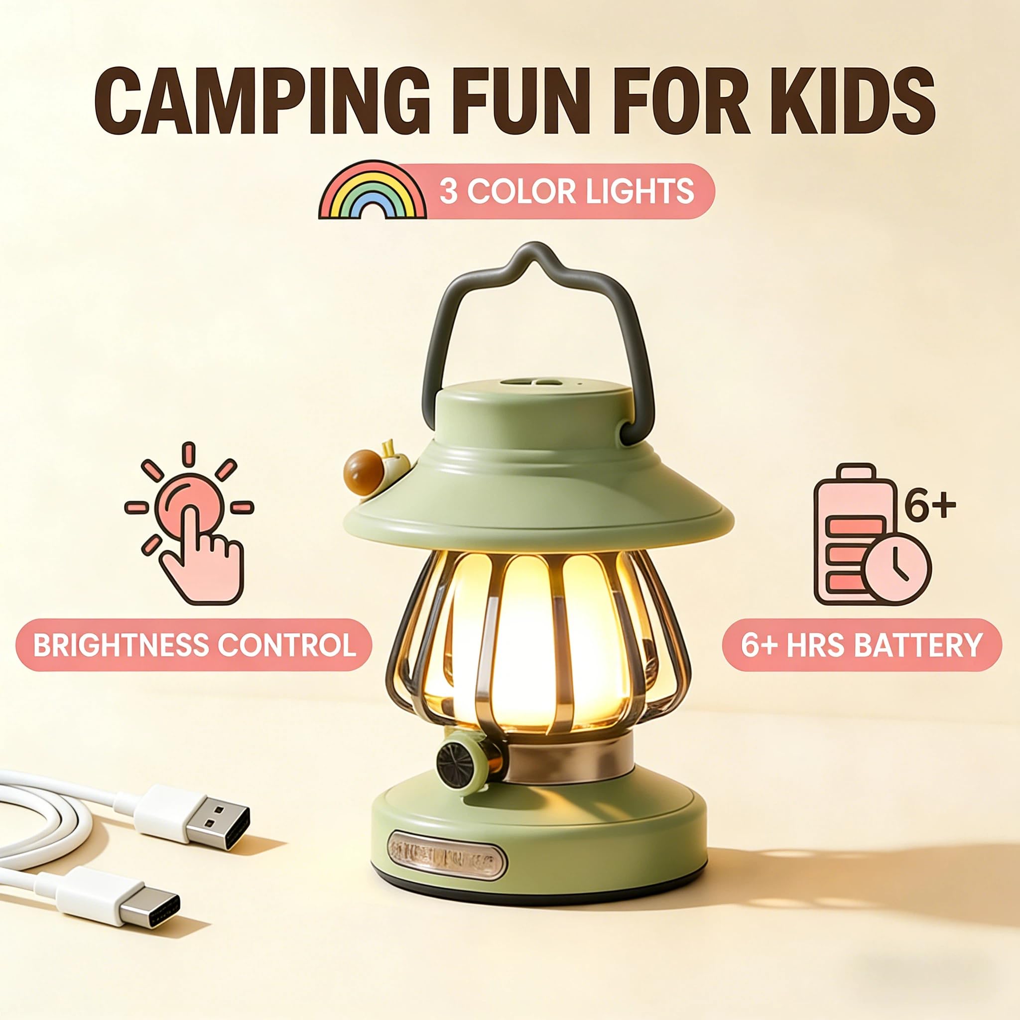 Ensemble d'éclairage de camping pour parents et enfants, lanterne pour enfants et lampe frontale rechargeable avec détecteur de mouvement USB-C chargement, équipement de randonnée mains libres pour