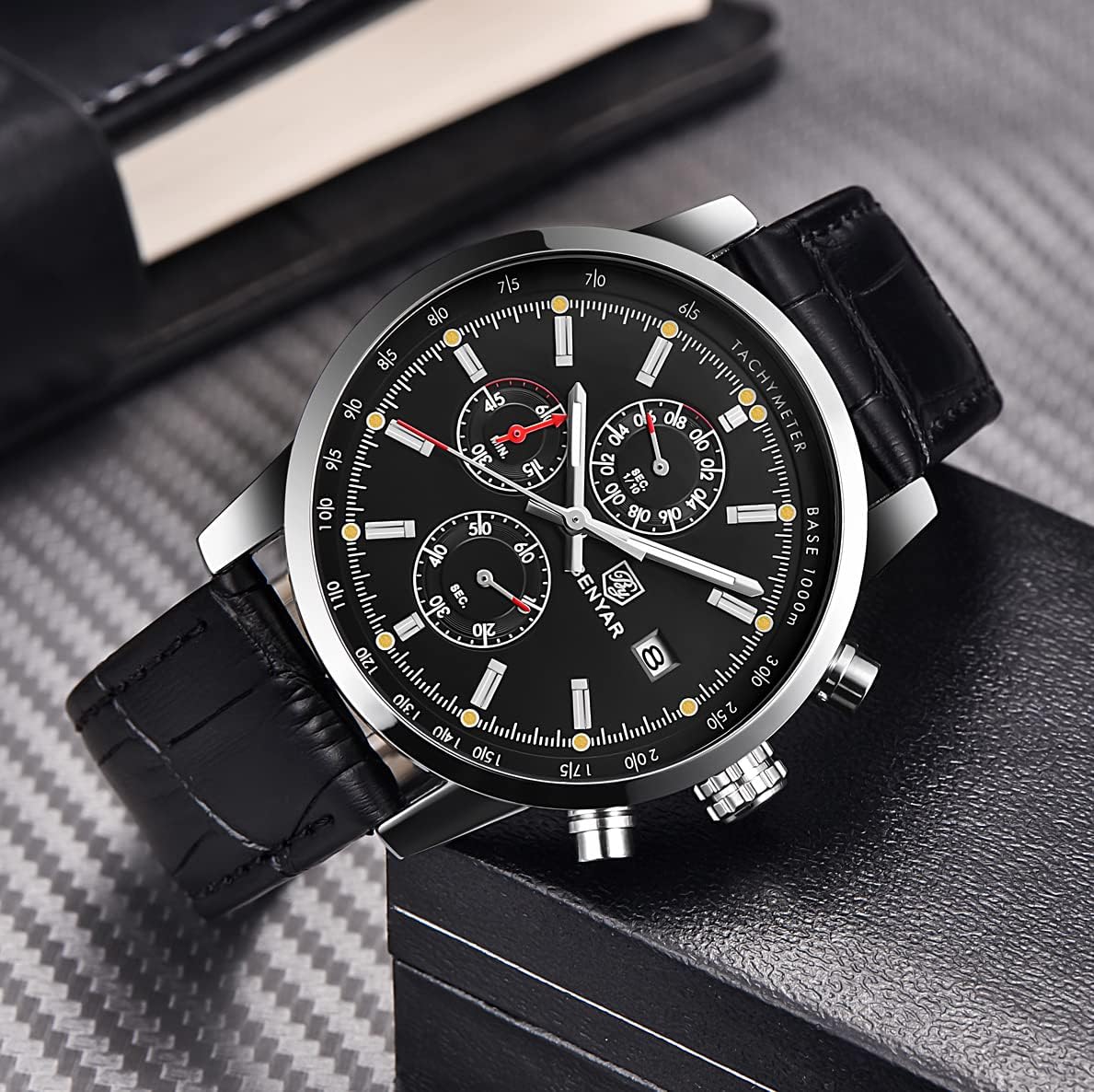 Mens Watch, BENYAR Sports Watches Men, Quartz Watch, Wrist Watch, Analog Chronograph Casual Leather Strap Watches for Men