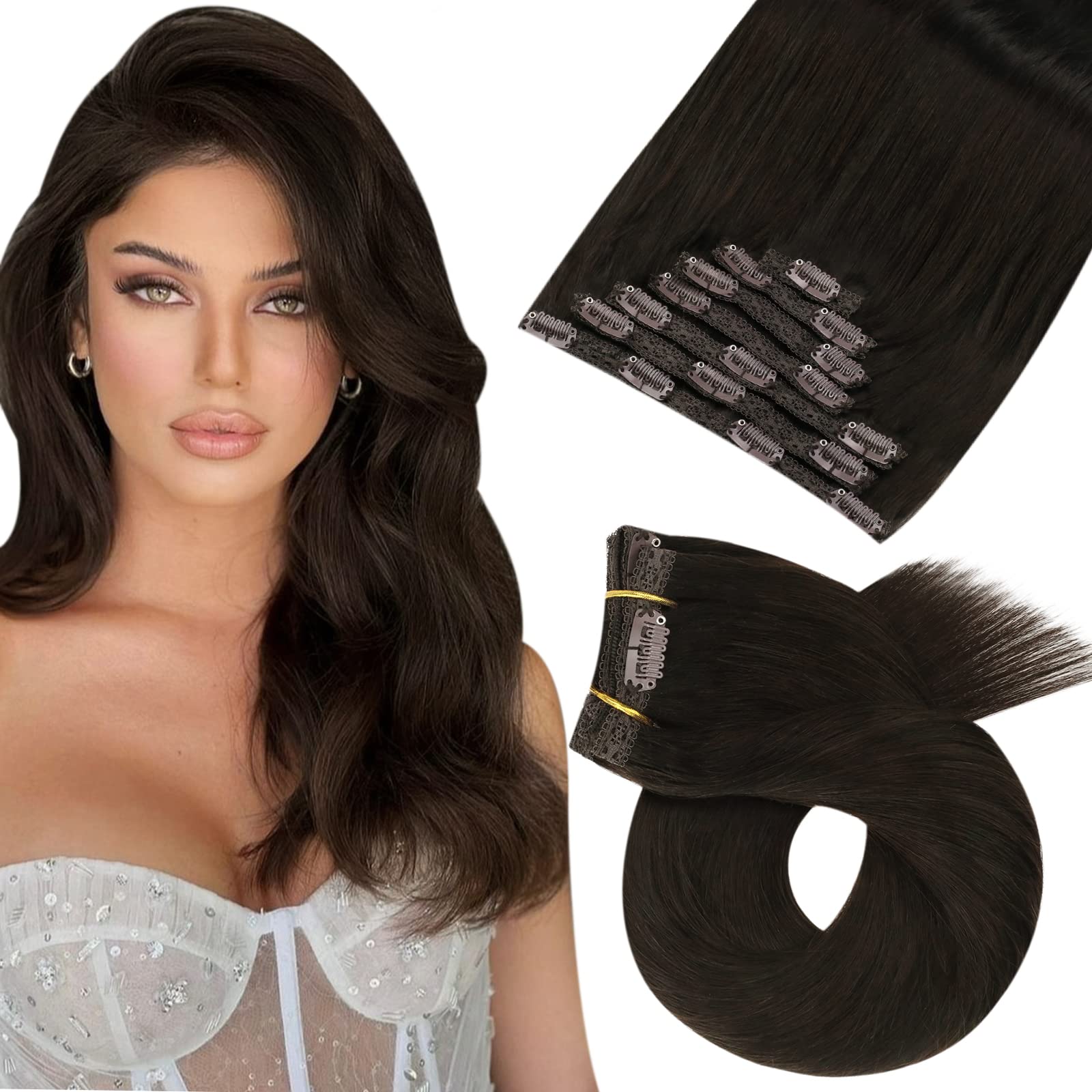 Moresoo Extension Capelli Veri Clip Castano Scuro 40 cm Extension Clip Capelli Veri Remy Extension Capelli Veri a Clip Marrone più Scuro Extension Capelli Clip #2 120g/7pcs