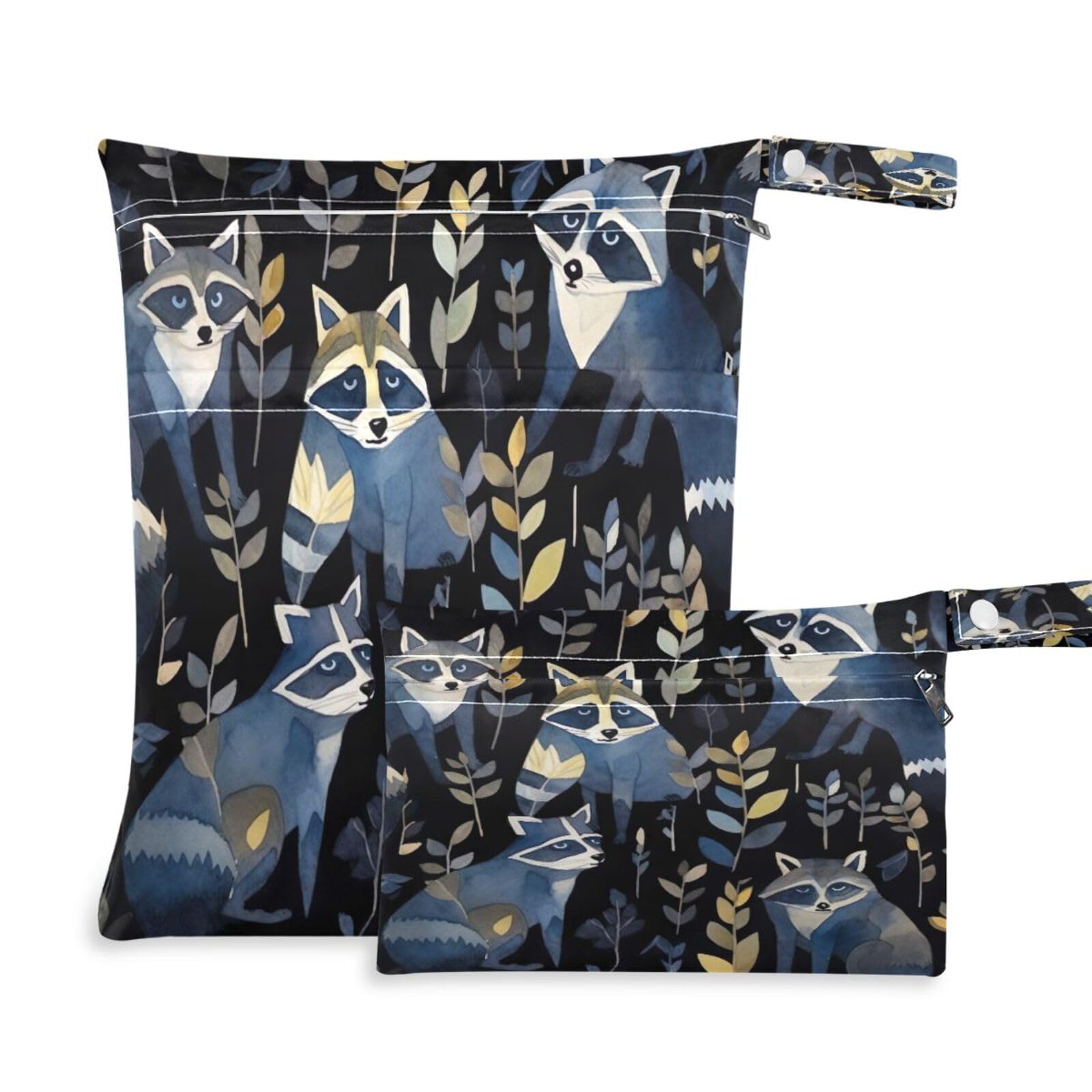 ATTX Dark Black Raccoons Wet Dry Bags 2-Pack - Reusable Cloth Diaper Storage for Travel, Beach & Gym | Multi-Use Waterproof Bags for Swimsuits, Baby Clothes, Sports Gear#408