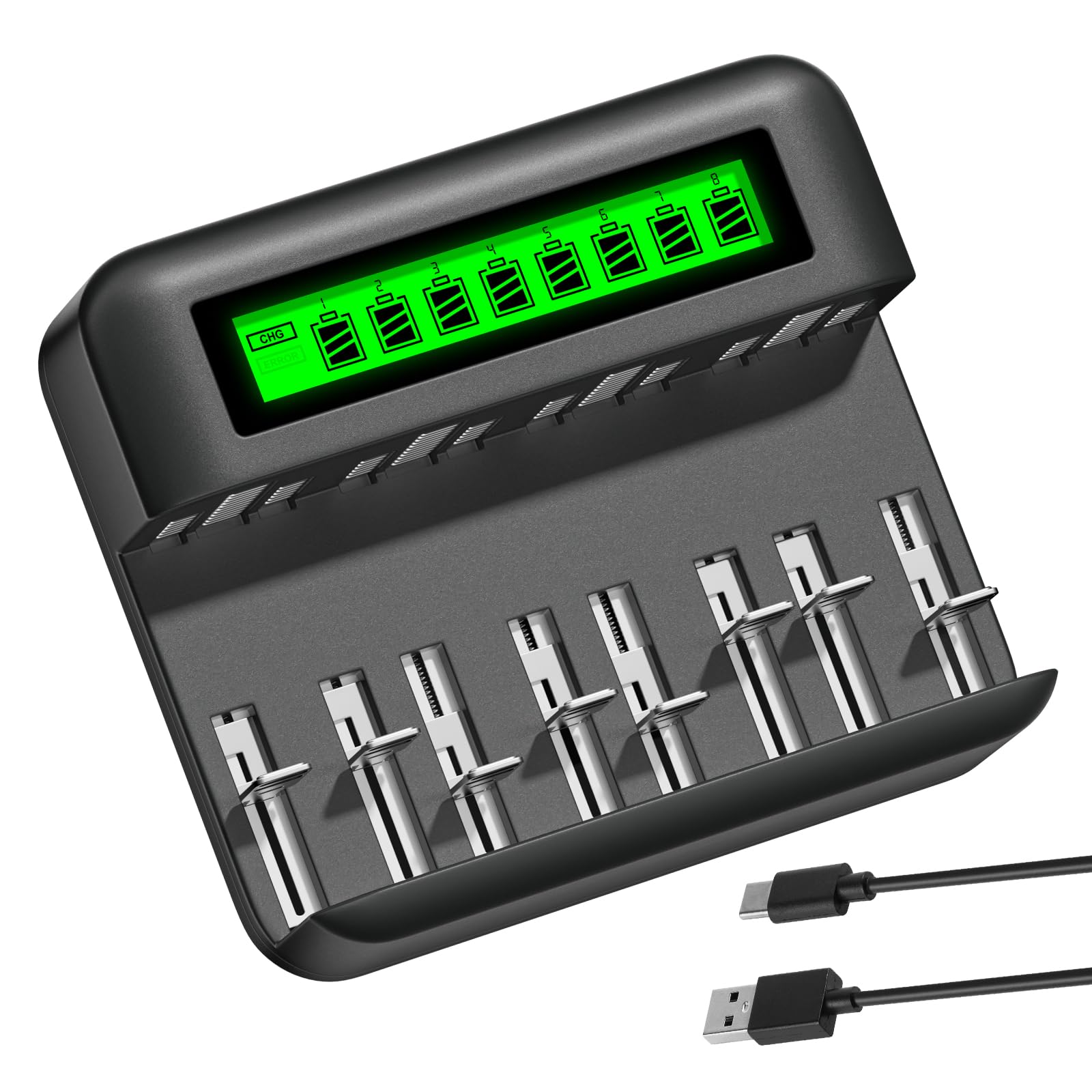 Cargador de batería para baterías recargables AA/AAA C/D tamaño Ni-MH/CD – Cargador de batería recargable LCD de 8 bahías con puer