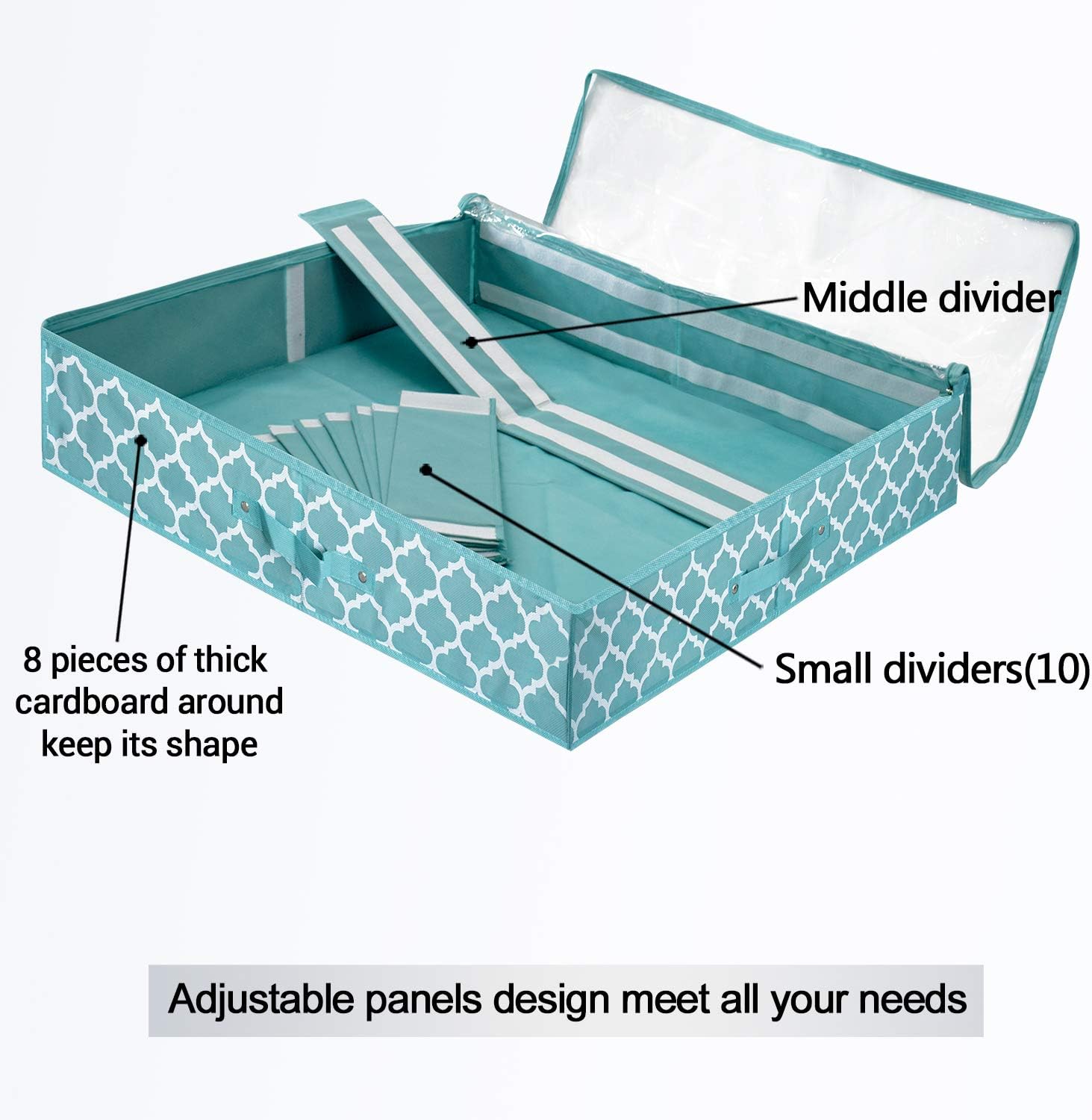 Shoe Organizer Under Bed Adjustable Dividers, Shoes Storage Containers Box (2 Pack Fits 24 Pairs) With Clear Cover, for Sneakers,Clothes, Great Space Saver for Your Closet, Blue Lantern Pattern