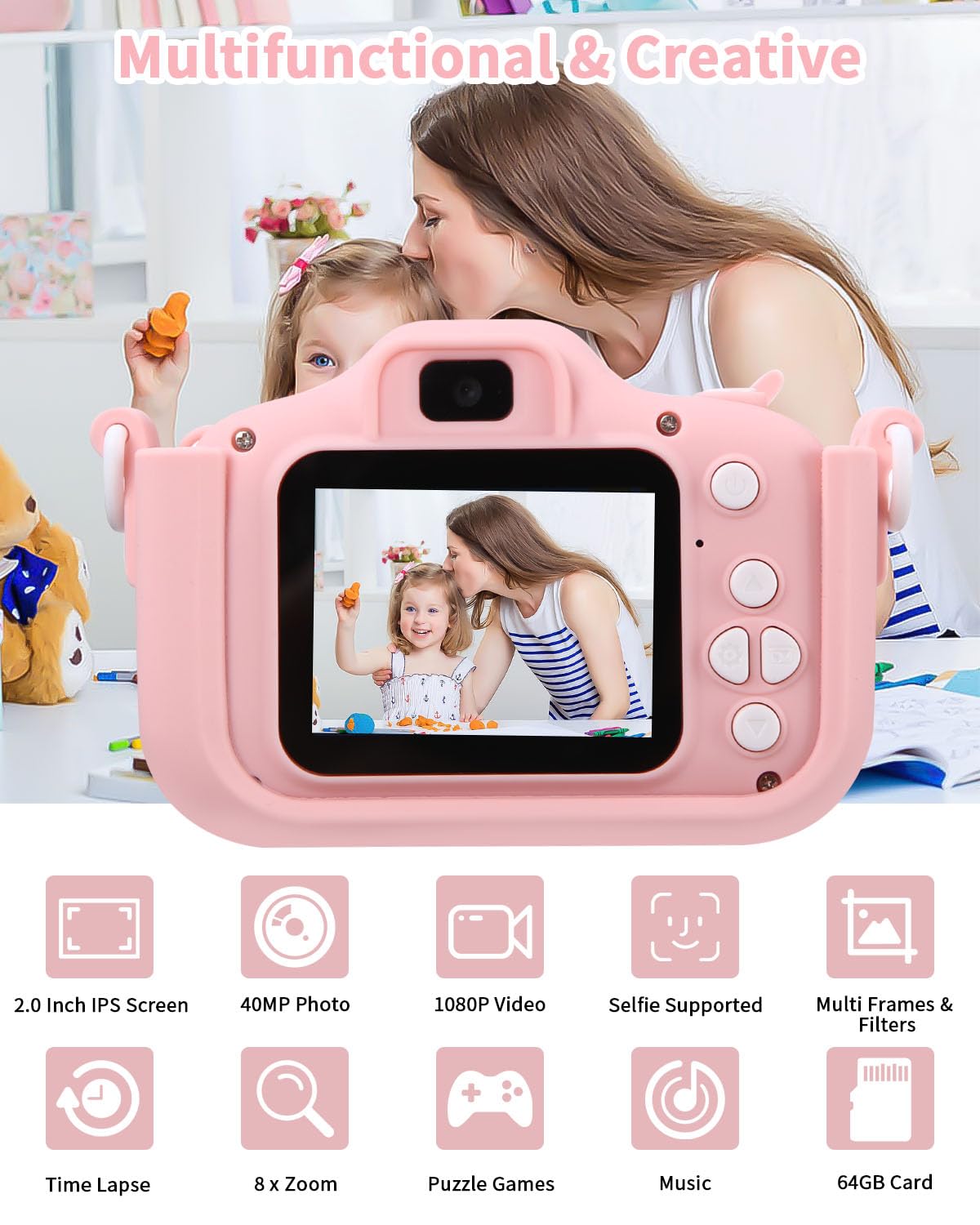 Appareil Photo pour Enfants, 2.0 Pouces Enfant Appareil Photo Numérique, Mini Caméra Rechargeable Caméscope Cadeau Jouet Filles Garçons de 3 à 10 Ans, vidéo HD 1080p,64G SD Carte,Caméras Jeu Enfant - 2