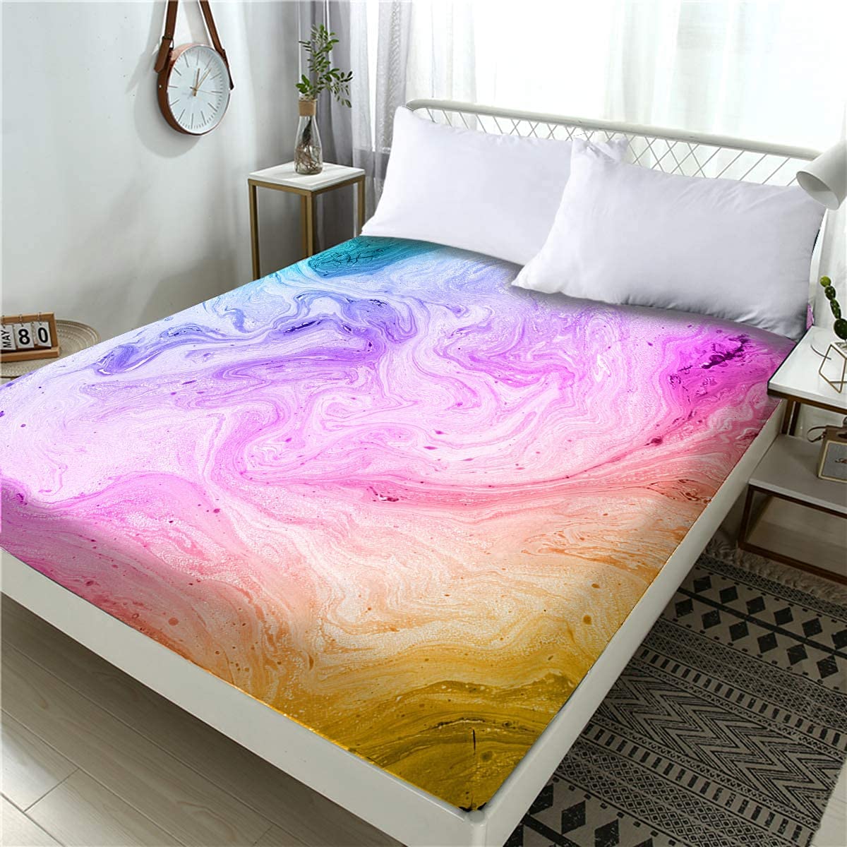 BlessLiving Tie Dye Full Size Fitted Sheet for Girls/Kids/Teens Marble Bedding All-Round Elastic Pocket Wrinkle, Fade, Stain Resistant Deep Pocket Bed Sheet, Pink and Blue