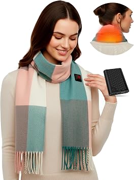 Genovega Heated Scarf Shawl for Women Men 6000mAh Rechargeable Portable Electric Heating Neck Warmer Wraps Outdoor Travel Workout Essentials Accessories Winter Must Haves Pink Plaid