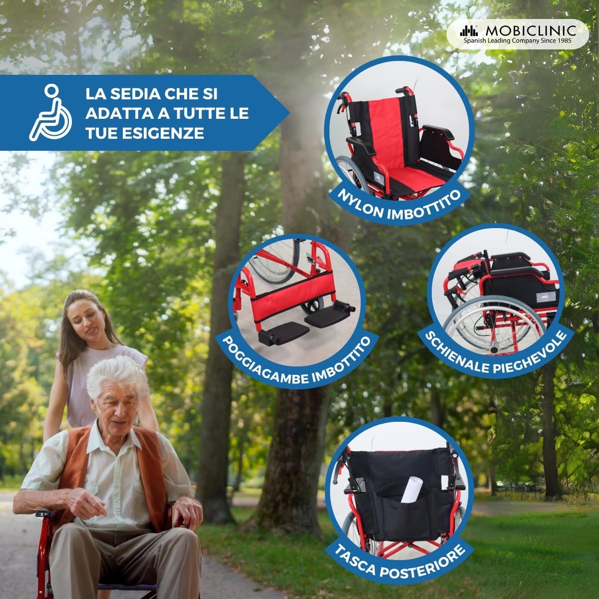 Mobiclinic, Sedia a rotelle pieghevole, Torre, Alluminio, Doppio sistema frenante, Poggiapiedi pieghevoli e rimovibili, Braccioli, Schienale diviso, Sedile 44 cm, Ultra leggero