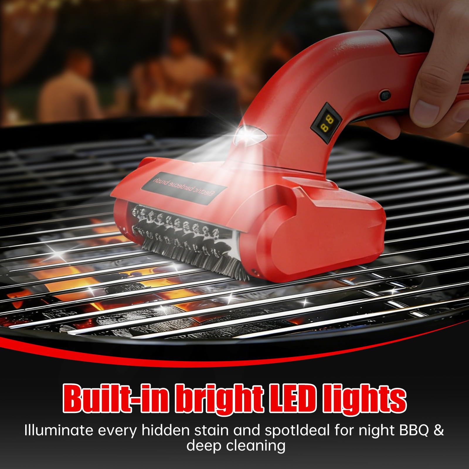 Spazzola elettrica per barbecue, pulitore BBQ motorizzato ricaricabile, setole in acciaio inox 700-800 giri/min, testa rimovibile 304, illuminazione LED, per griglie in ghisa e uso esterno