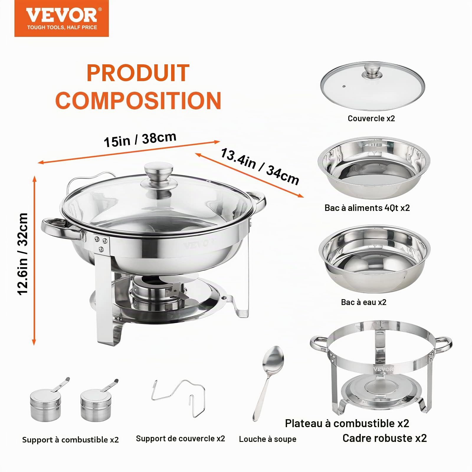 VEVOR Chauffe-Plat Lot de 2 Bacs de 3,5 L Buffet Chauffant à Combustible Réchaud INOX Alimentaire Rond Récipient Maintient au Chaud pour Servir Buffet en Libre-Service Hôtel Traiteur Restauration