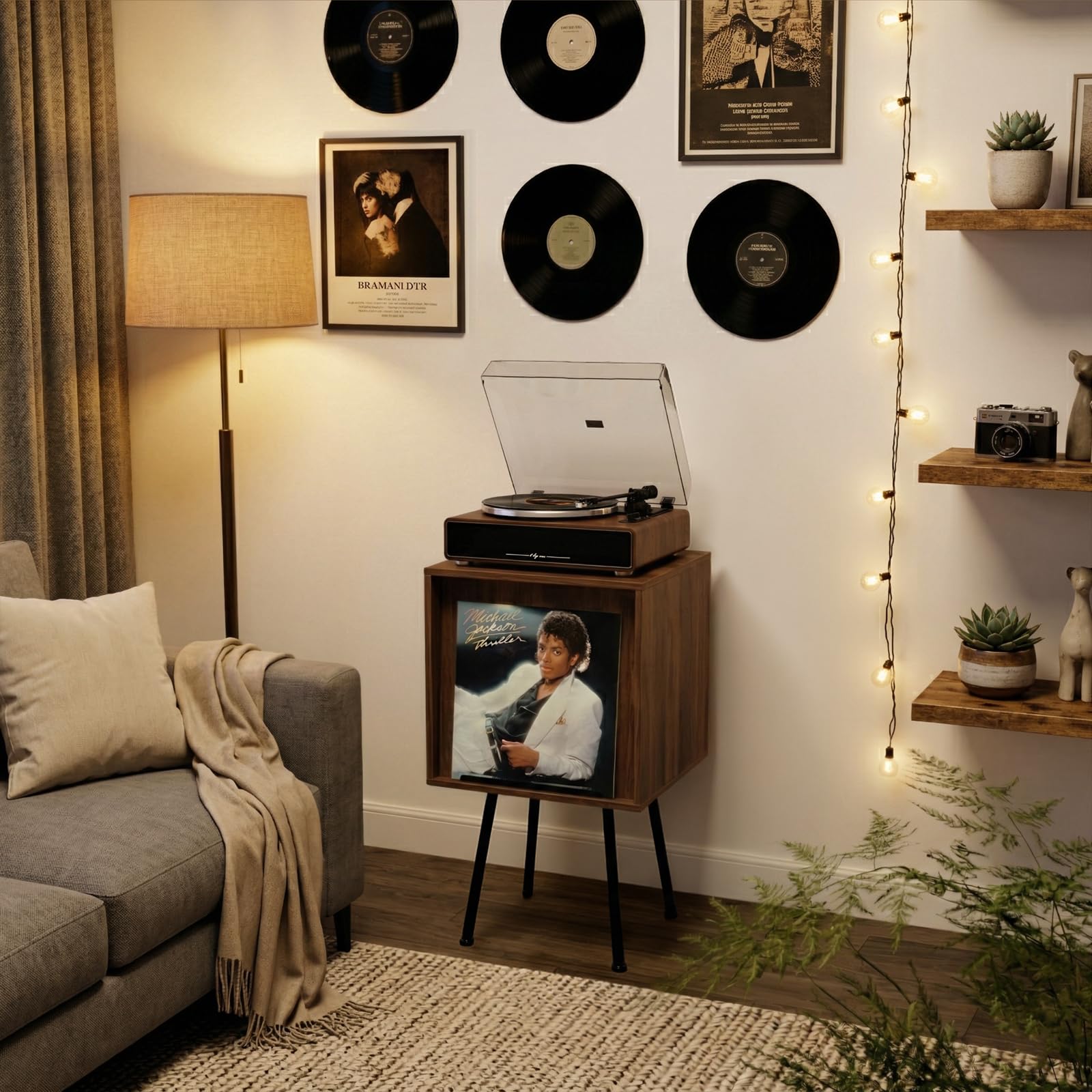Faesun Supporto per giradischi con coperchio ribaltabile, può contenere fino a 100 album, supporto per giradischi con display per dischi in vinile, per soggiorno, camera da letto, noce