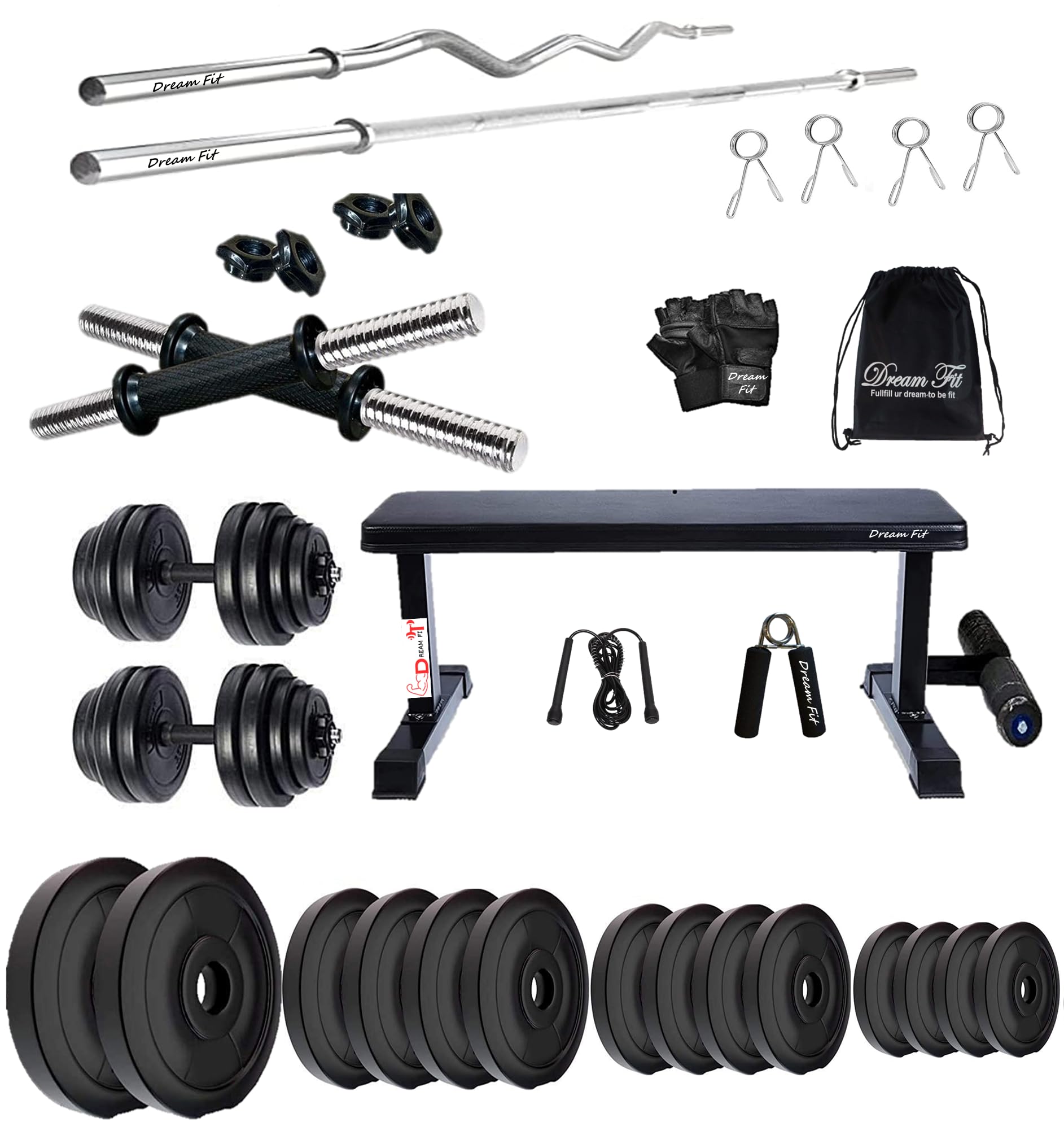DREAM FIT PVC Home Gym Set - 60 kg with 1 Flat Bench with Foot Extension, 3 ft Curling Rod, 5 ft Straight Rod, 1 Pair Dumbbell rods and Gym Accessories (60kg)-image-20