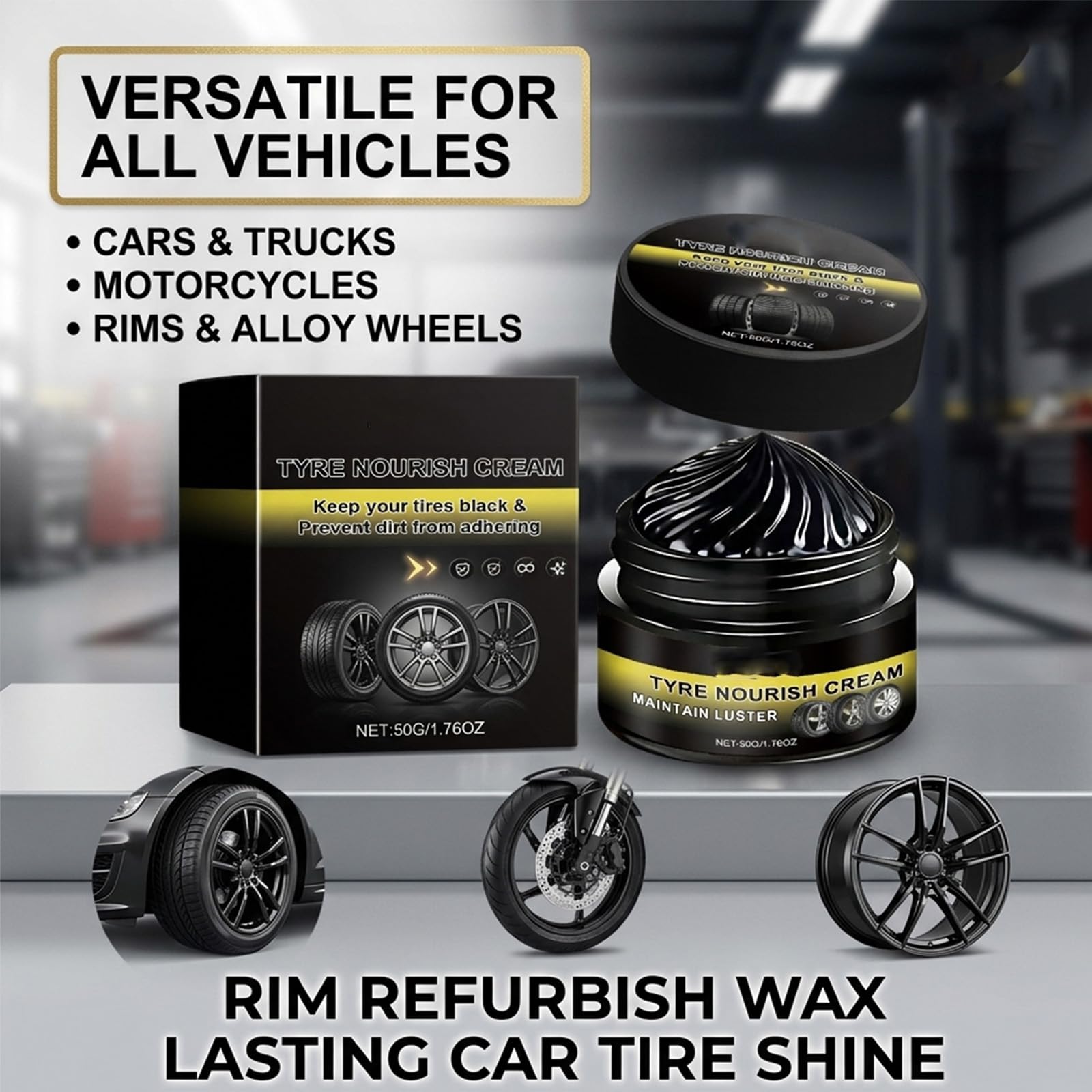 Tyre Nourish Cream – Tire Wax & Tyre Shine, Rim Refurbish Wax, Car Tire Dressing for Black Gloss Restoration and High Shine (2PC) — view 5
