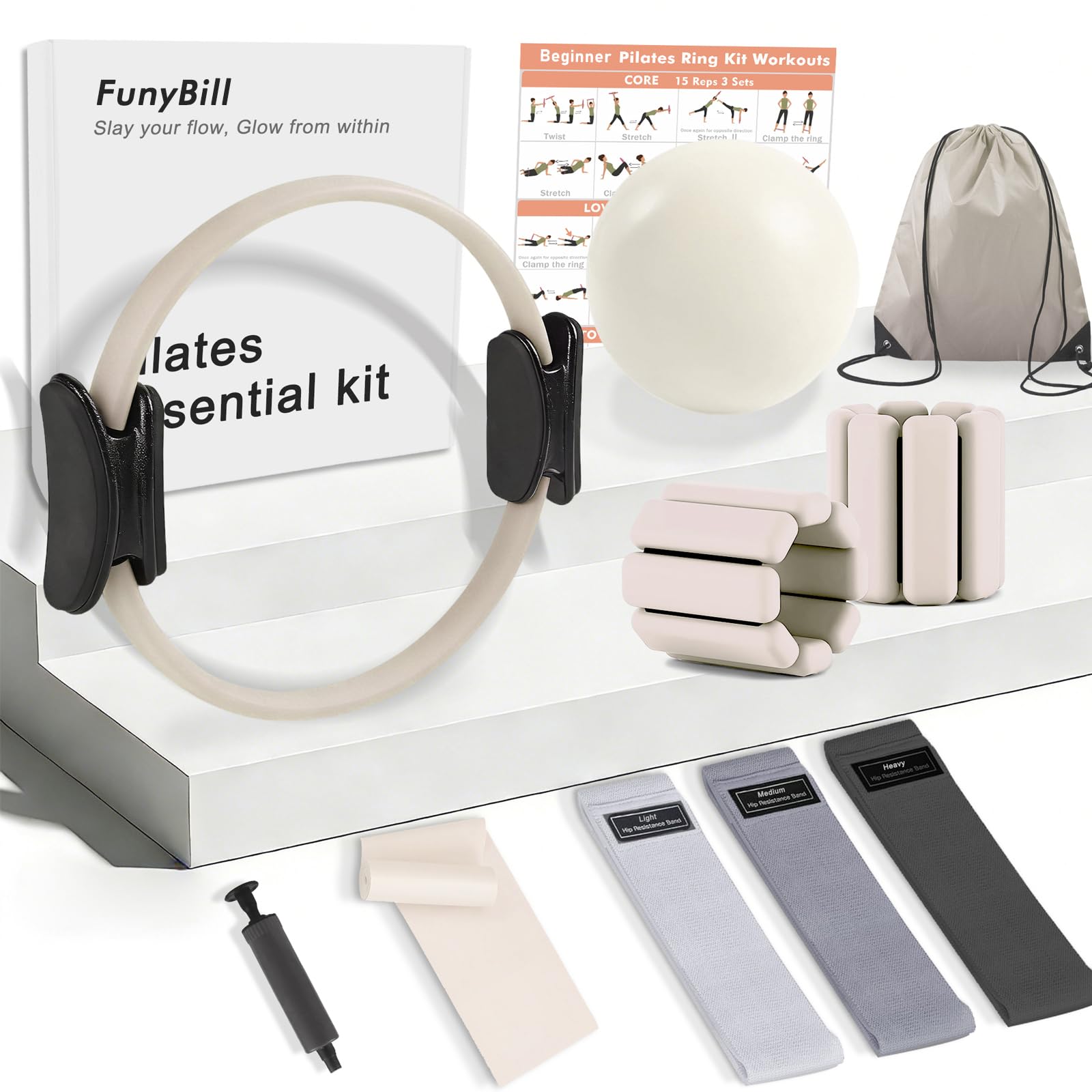Kit de anillos de pilates, equipo de pilates para fitness en casa con círculo mágico de 13.5 pulgadas, pesas de muñeca y bandas de resistencia, ideal para principiantes, gran opción de regalo