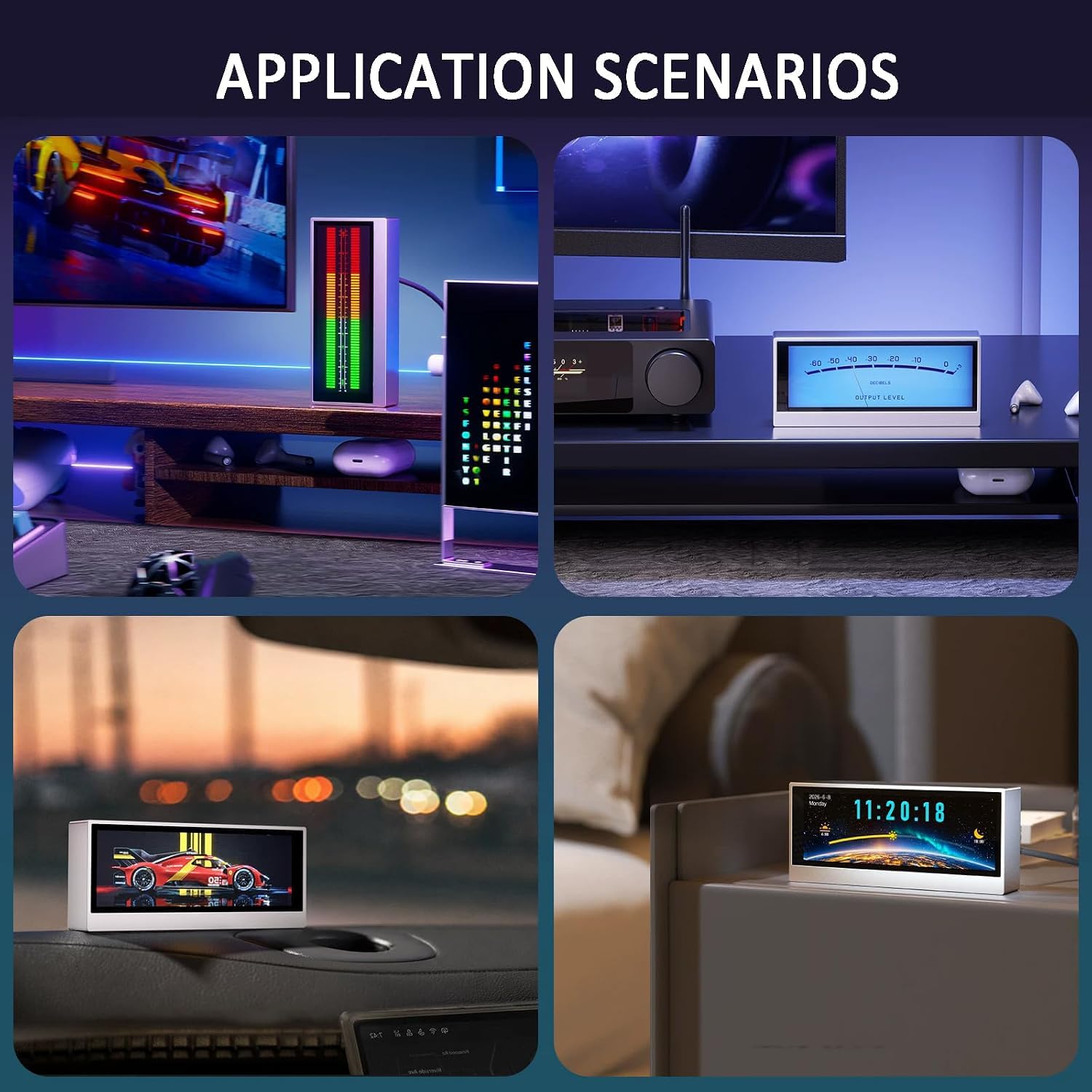 Lampada ritmica Spectrum con orologio, 7 effetti visivi, luminosità regolabile, ideale per studio Hi-Fi, gaming e decorazione desktop. VU meter da scrivania.