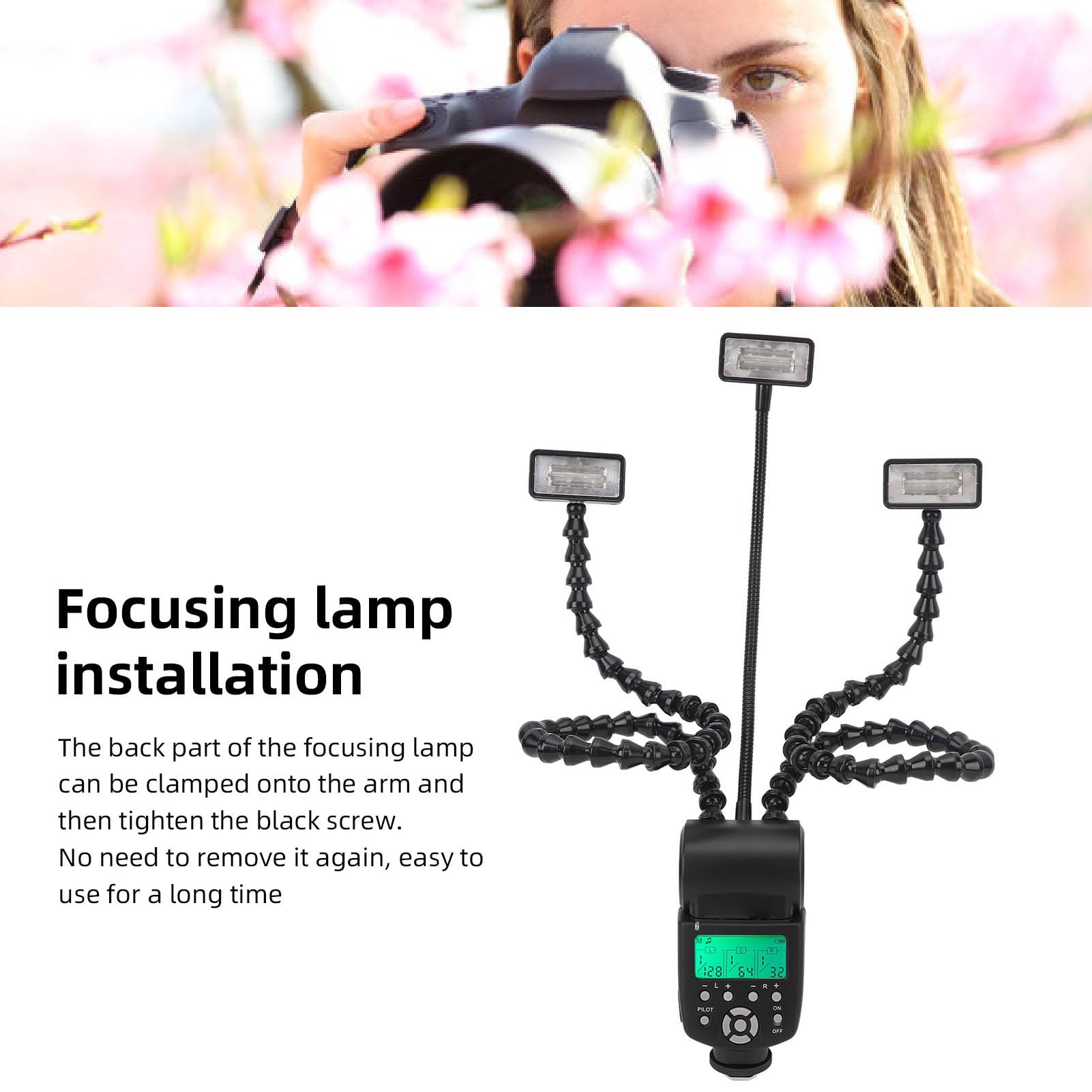 Camera Flash, 3 Head Speedlite with Hot Shoe Flexible Arms for DSLR Cameras, Digital Camera Macro Speedlight, Support Independent Control 8 Levels Adjustable